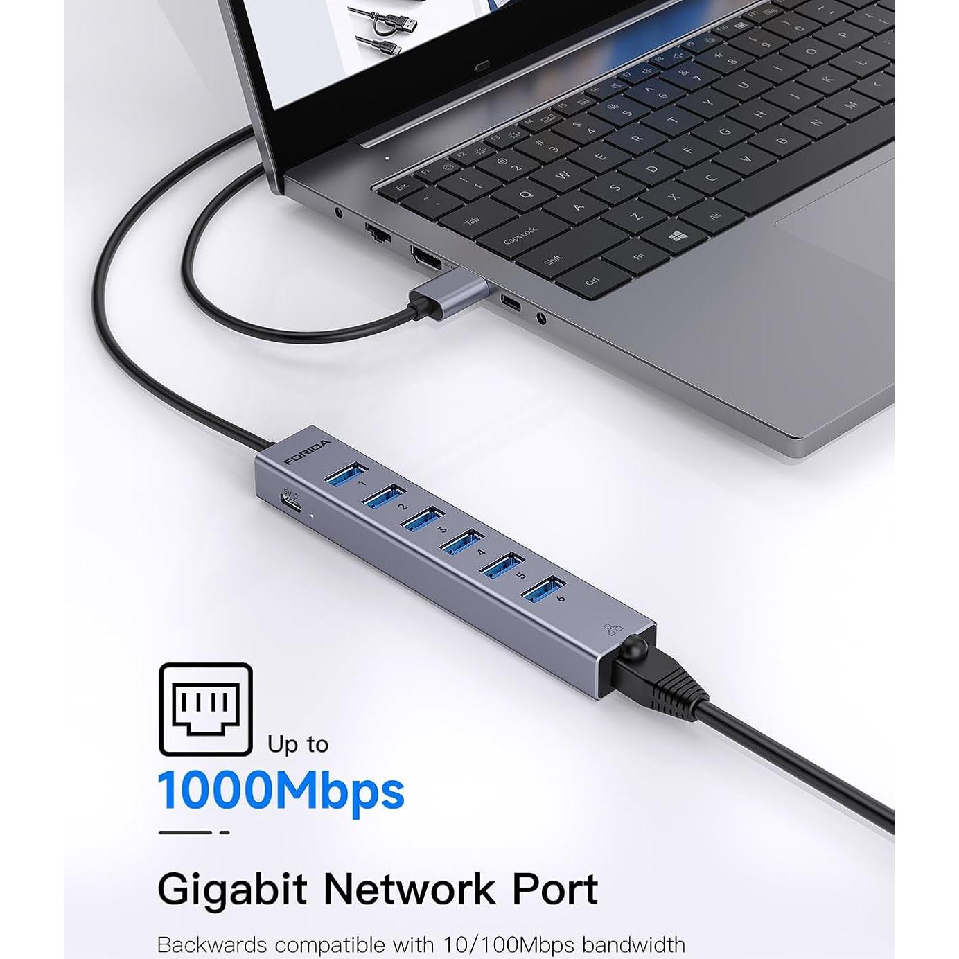 Hub USB 3.0 8-en-1 FORIDA con Ethernet Gigabit y 1.2m
