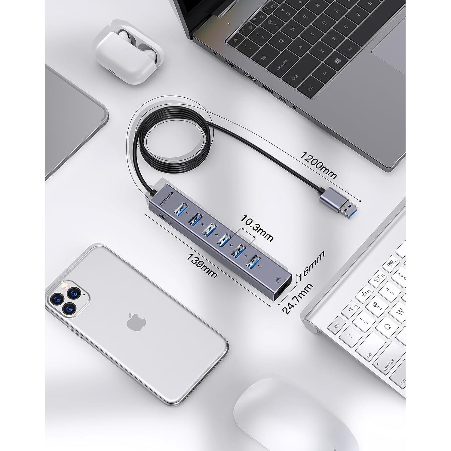 Hub USB 3.0 8-en-1 FORIDA con Ethernet Gigabit y 1.2m