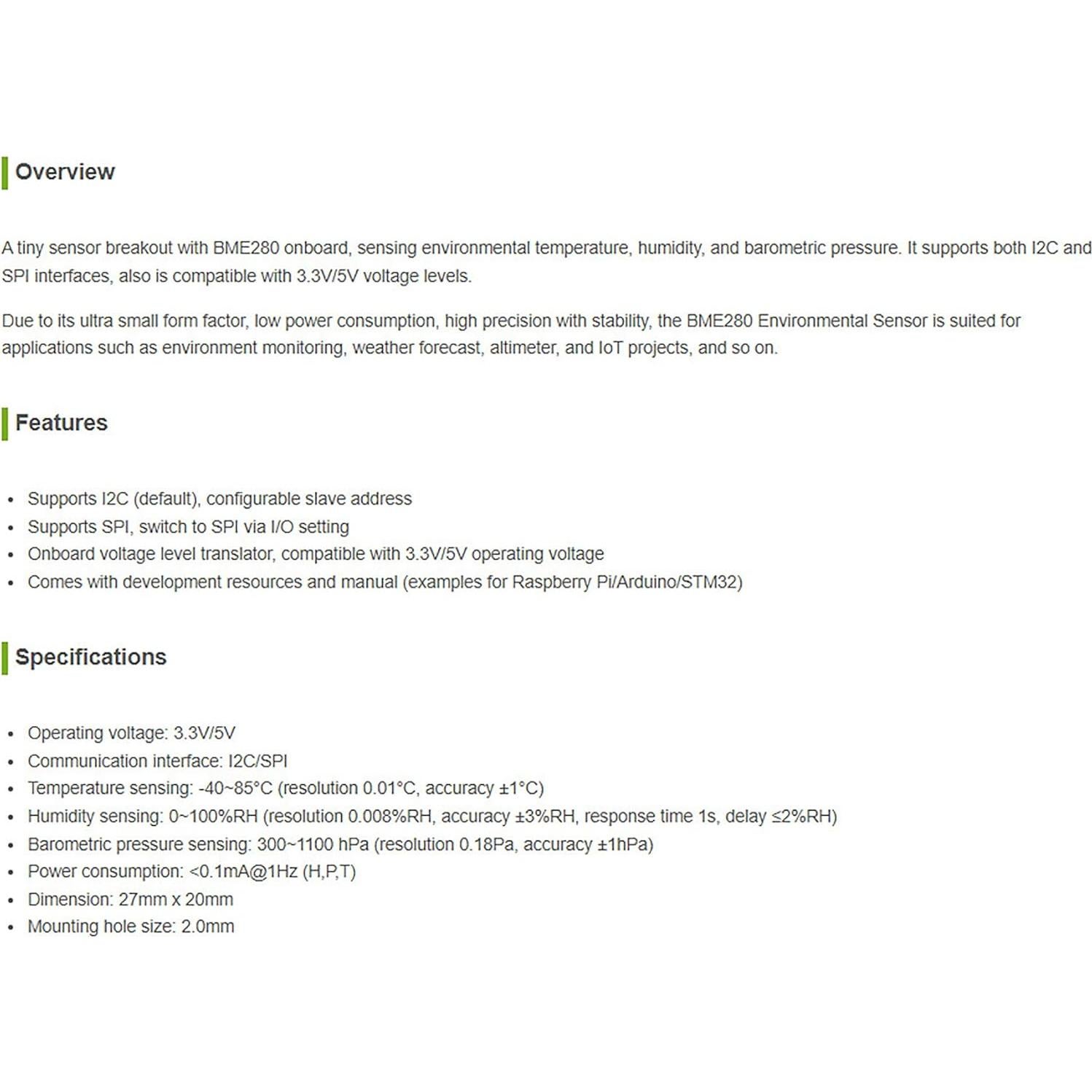 Sensor Ambiental BME280 iiunius I2C/SPI 3.3V/5V Temperatura Humedad Presión