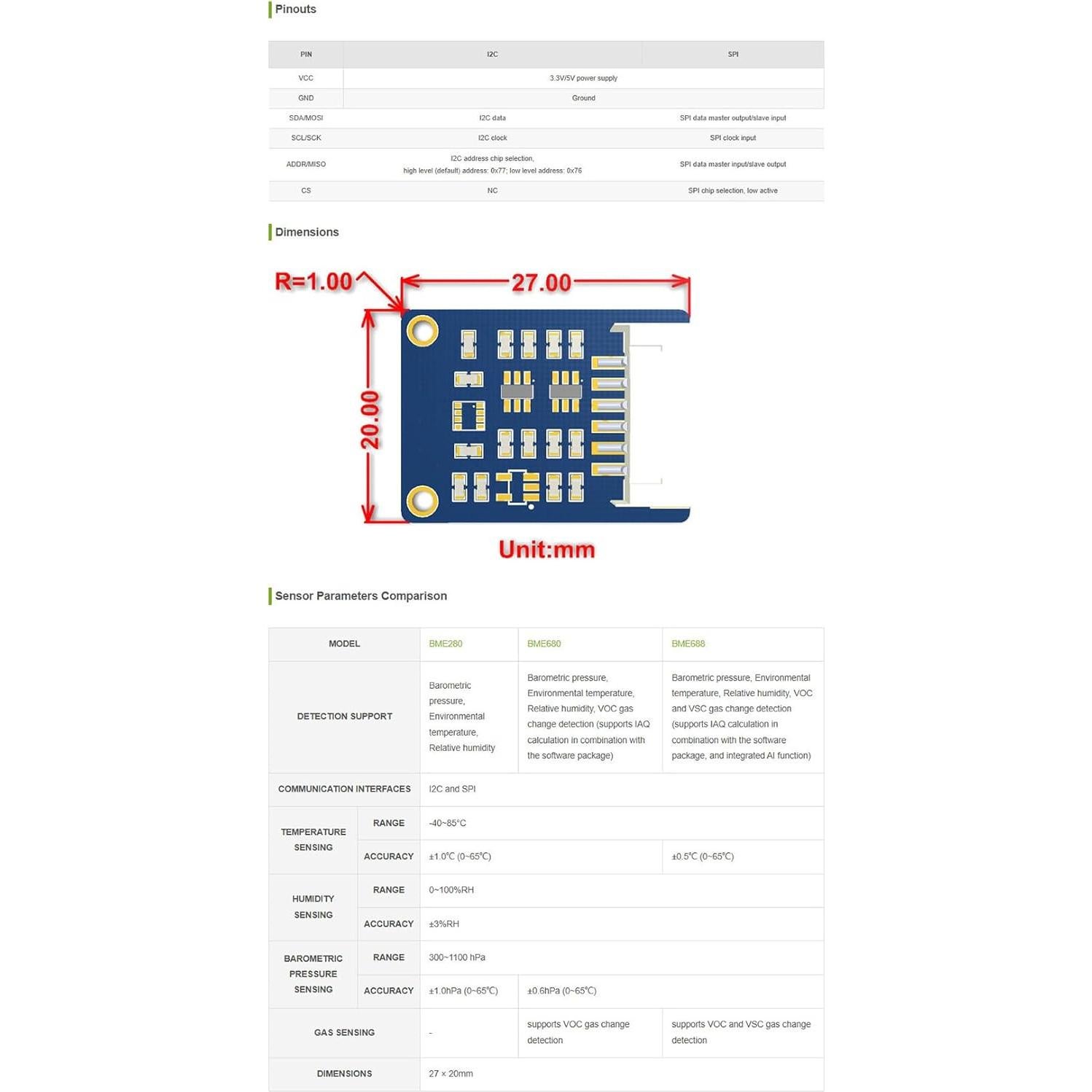 Sensor Ambiental BME280 iiunius I2C/SPI 3.3V/5V Temperatura Humedad Presión