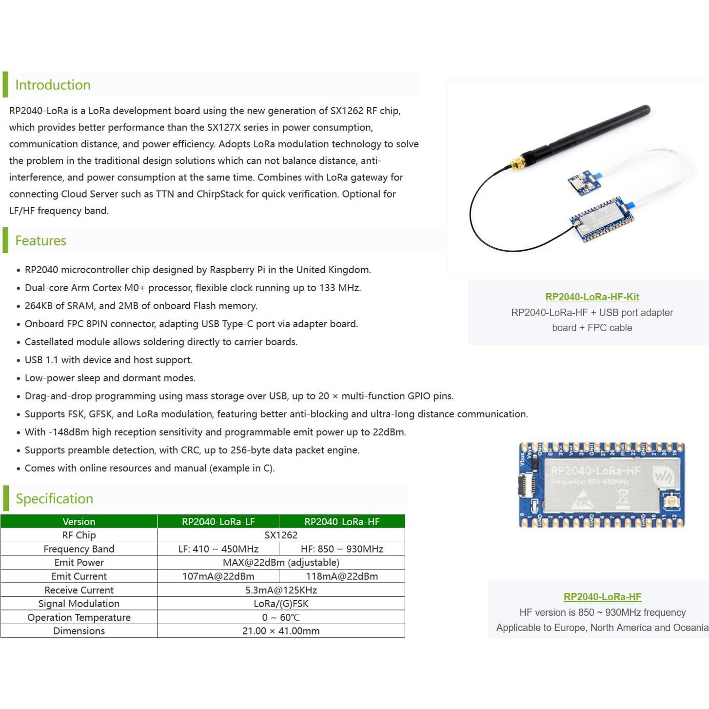 Placa de Desarrollo LoRa Waveshare RP2040 850-930MHz