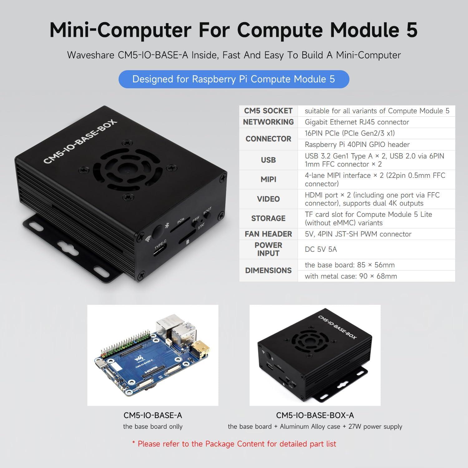 Placa Base Mini Waveshare CM5 con Caja Metal y Fuente 5V 5A