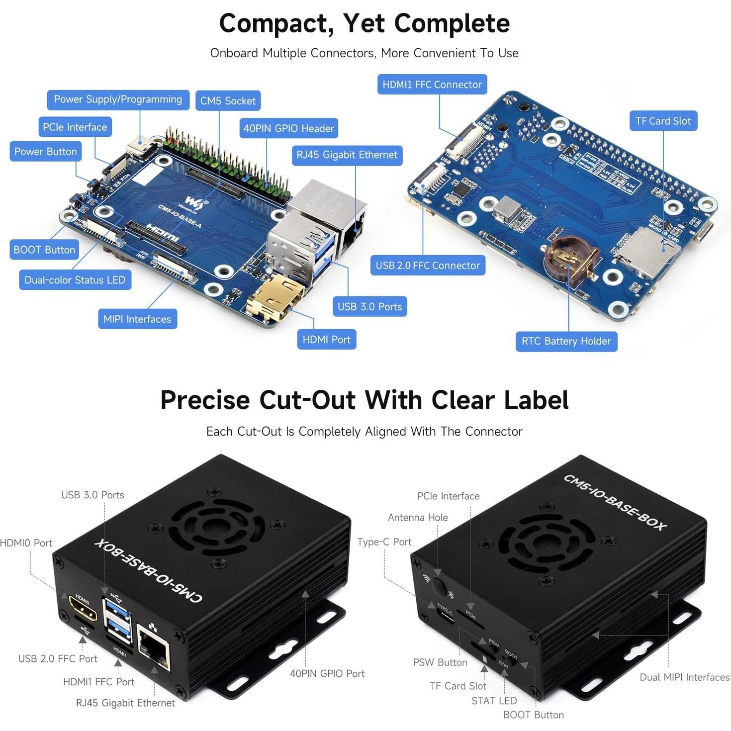 Placa Base Mini Waveshare CM5 con Caja Metal y Fuente 5V 5A