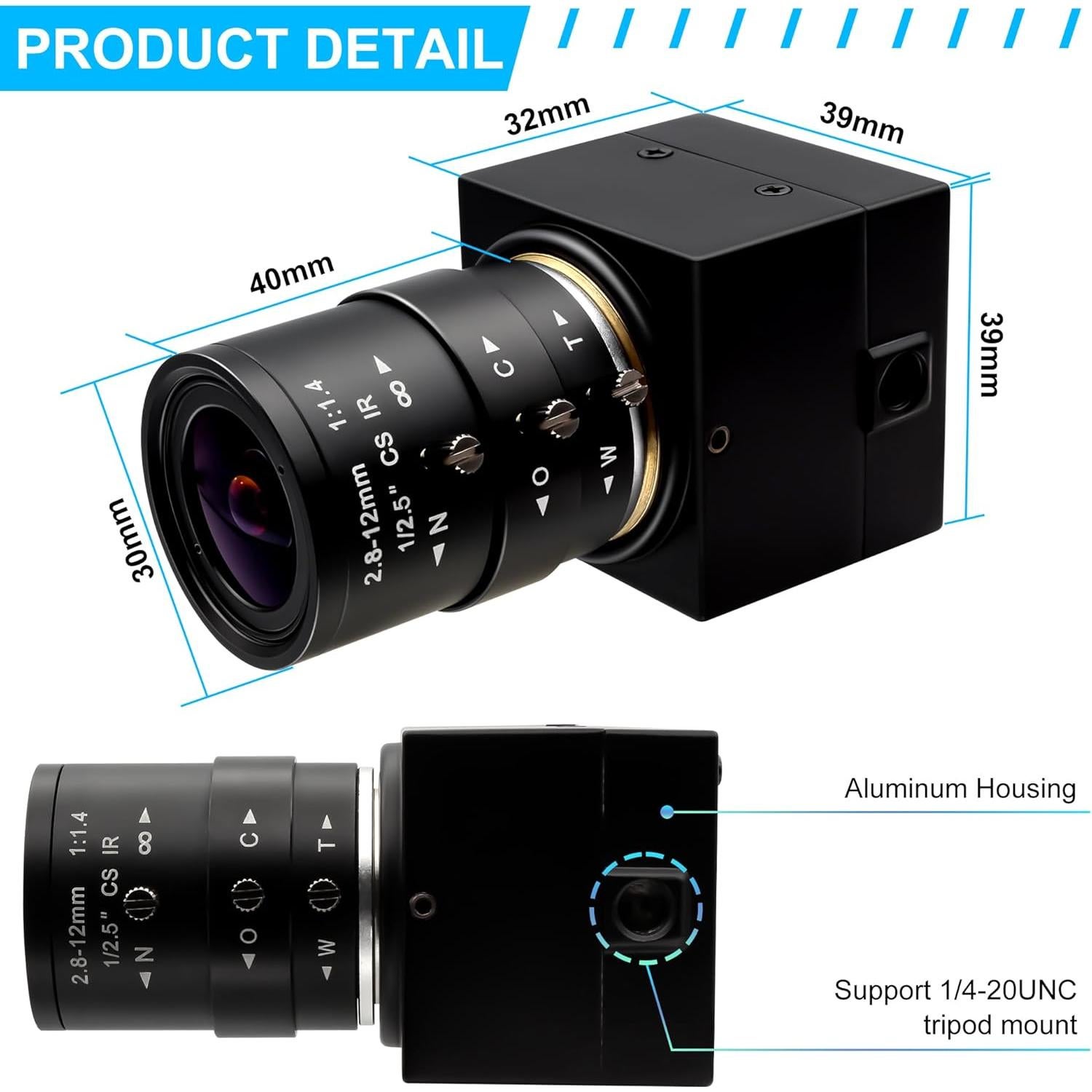 Cámara Web USB 8MP ALPCAM Full HD 3264x2448 Lente Zoom 2.8-12mm