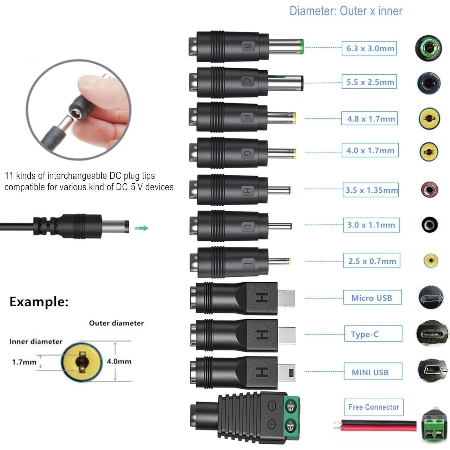 Adaptador de corriente AC-DC 5V 3A Universal con 11 puntas