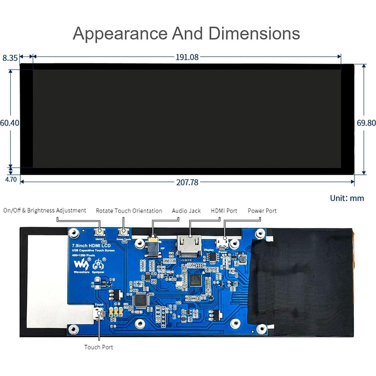 Pantalla LCD Táctil Capacitiva Waveshare 20.1 cm HDMI 400x1280