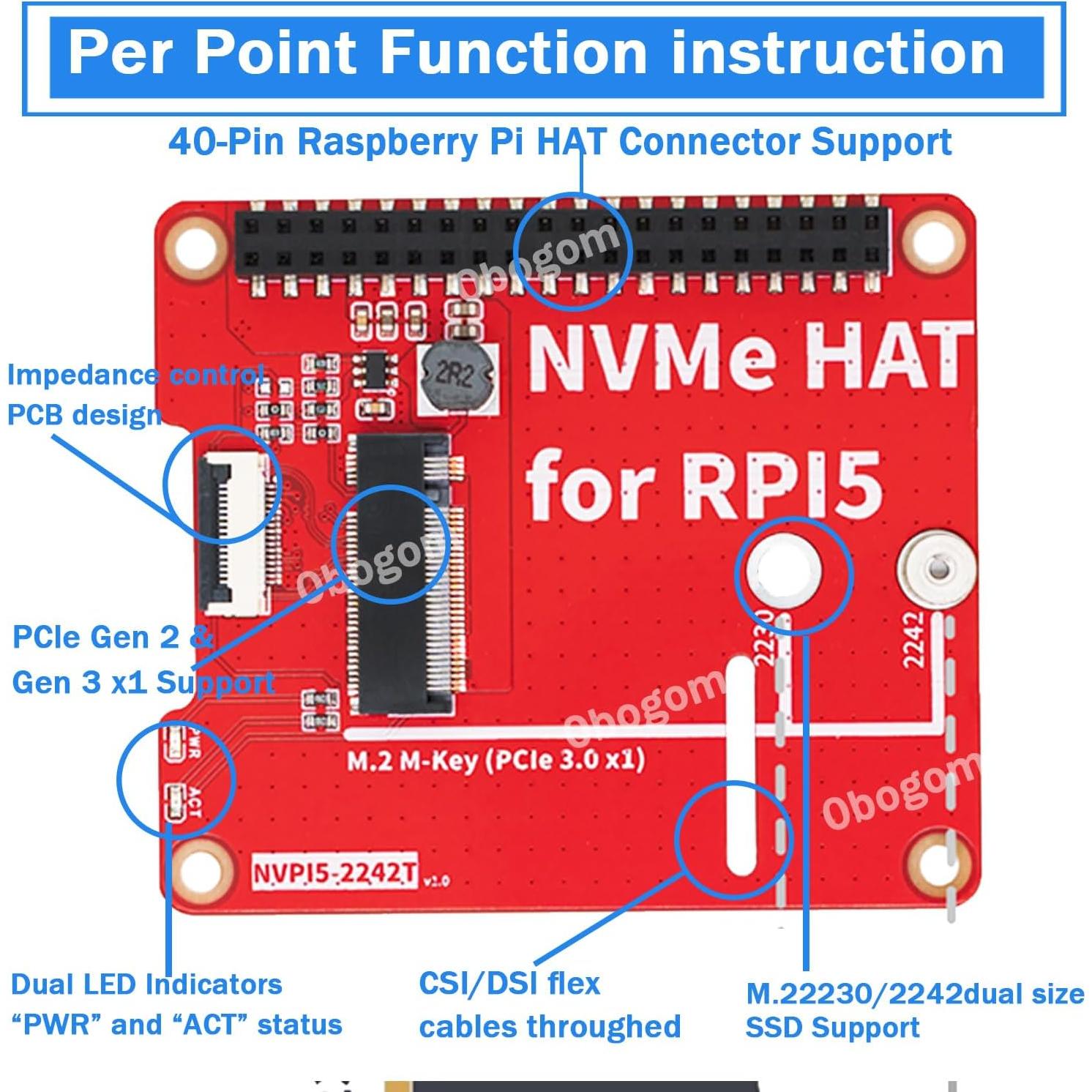 Base NVMe para Raspberry Pi 5 obogom M-Key PCIe a M.2 SSD