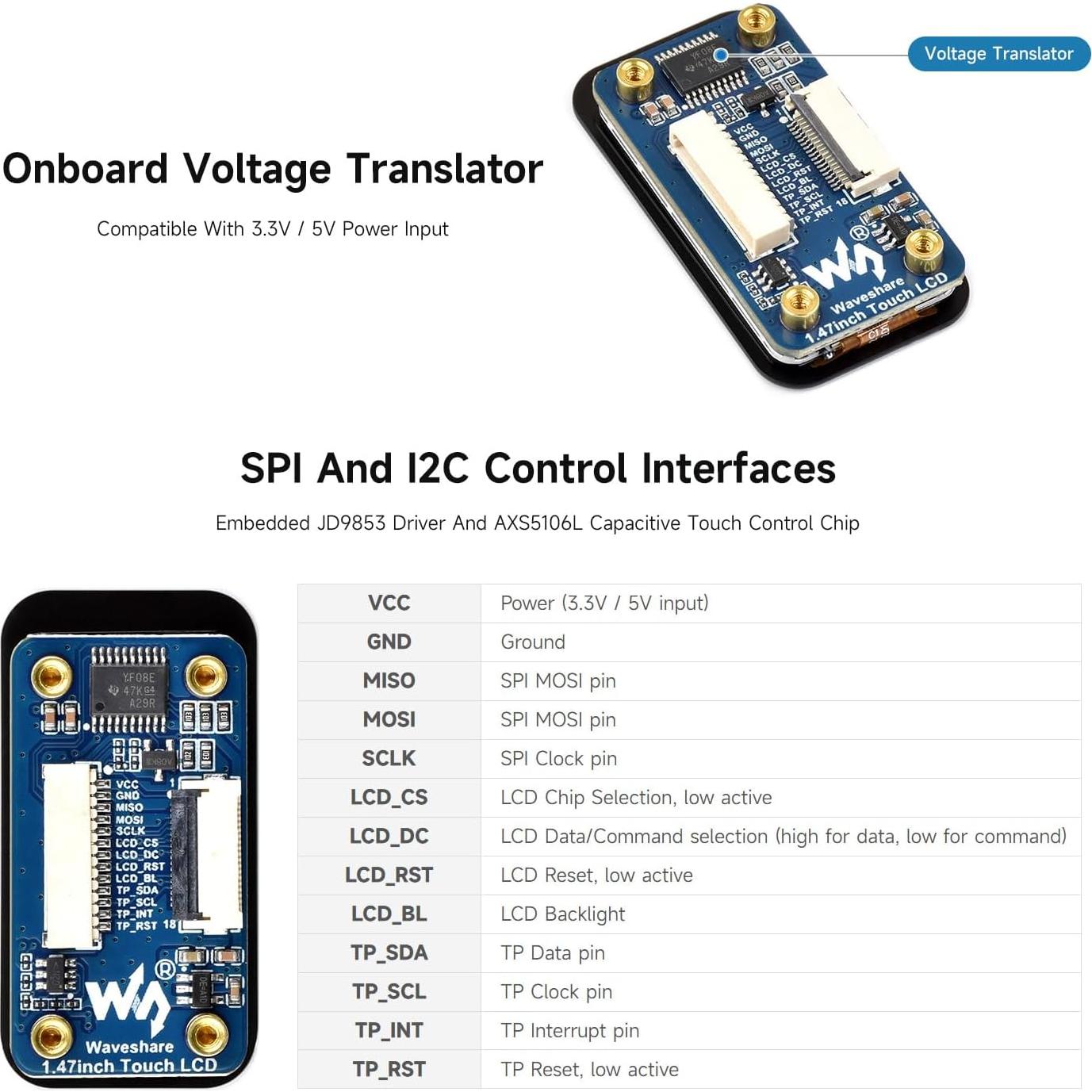 Módulo Pantalla LCD Táctil 1.47" Waveshare 172x320 SPI I2C