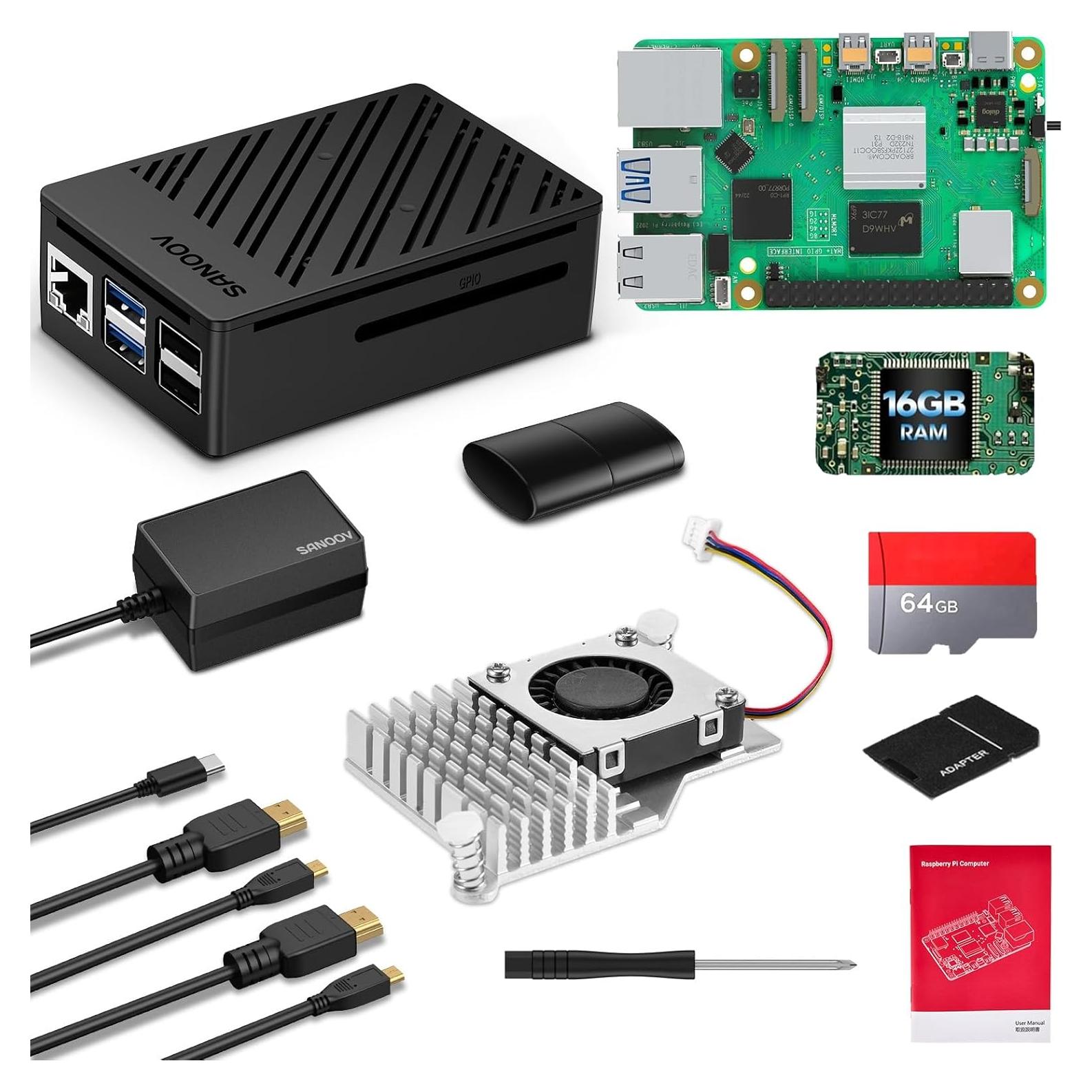 Kit Raspberry Pi 5 16GB SANOOV con Enfriador y Fuente 27W