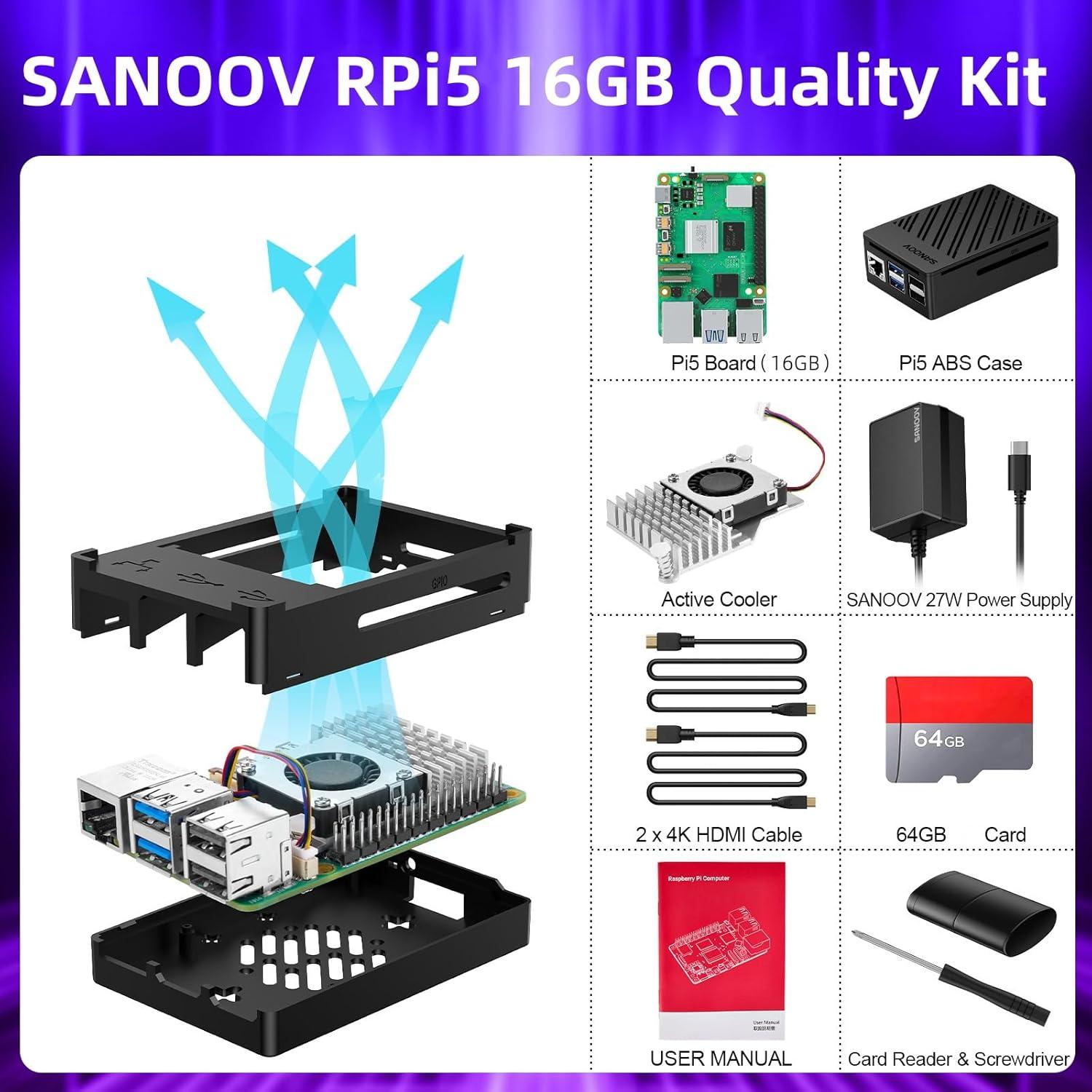 Kit Raspberry Pi 5 16GB SANOOV con Enfriador y Fuente 27W