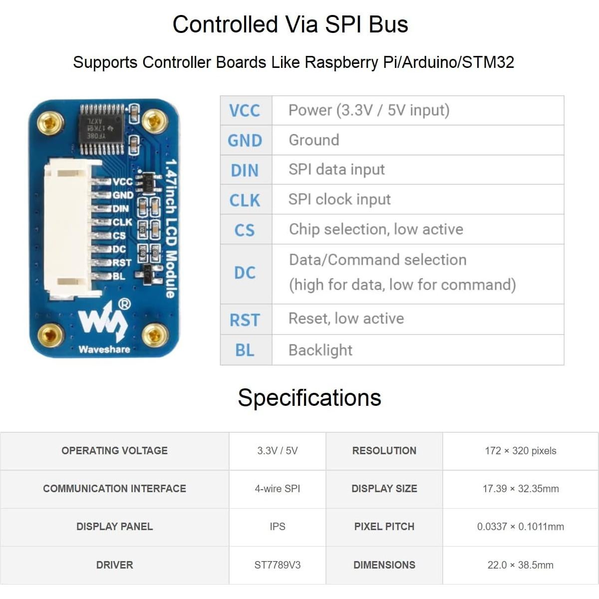 Módulo LCD 1.47" Waveshare para Raspberry Pi 172x320 SPI