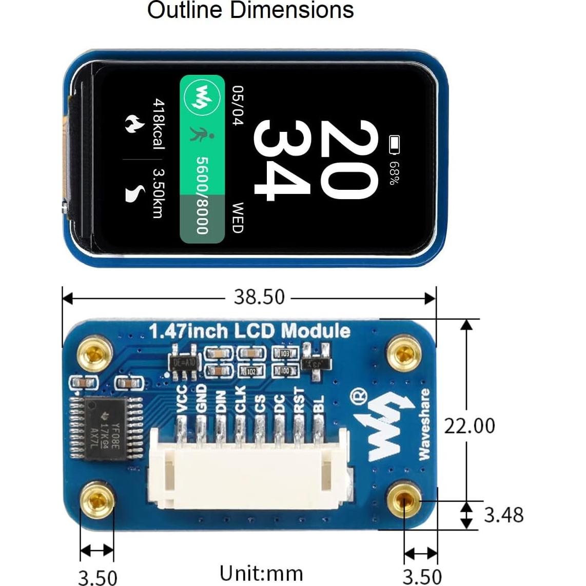 Módulo LCD 1.47" Waveshare para Raspberry Pi 172x320 SPI
