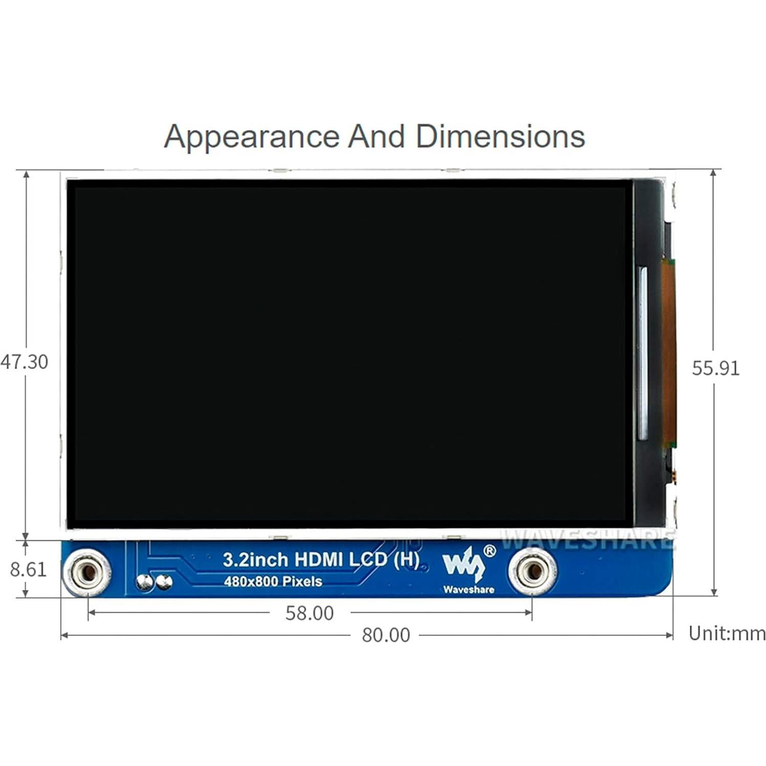 Pantalla LCD IPS 3.2" Waveshare 480x800 para Raspberry Pi y PC