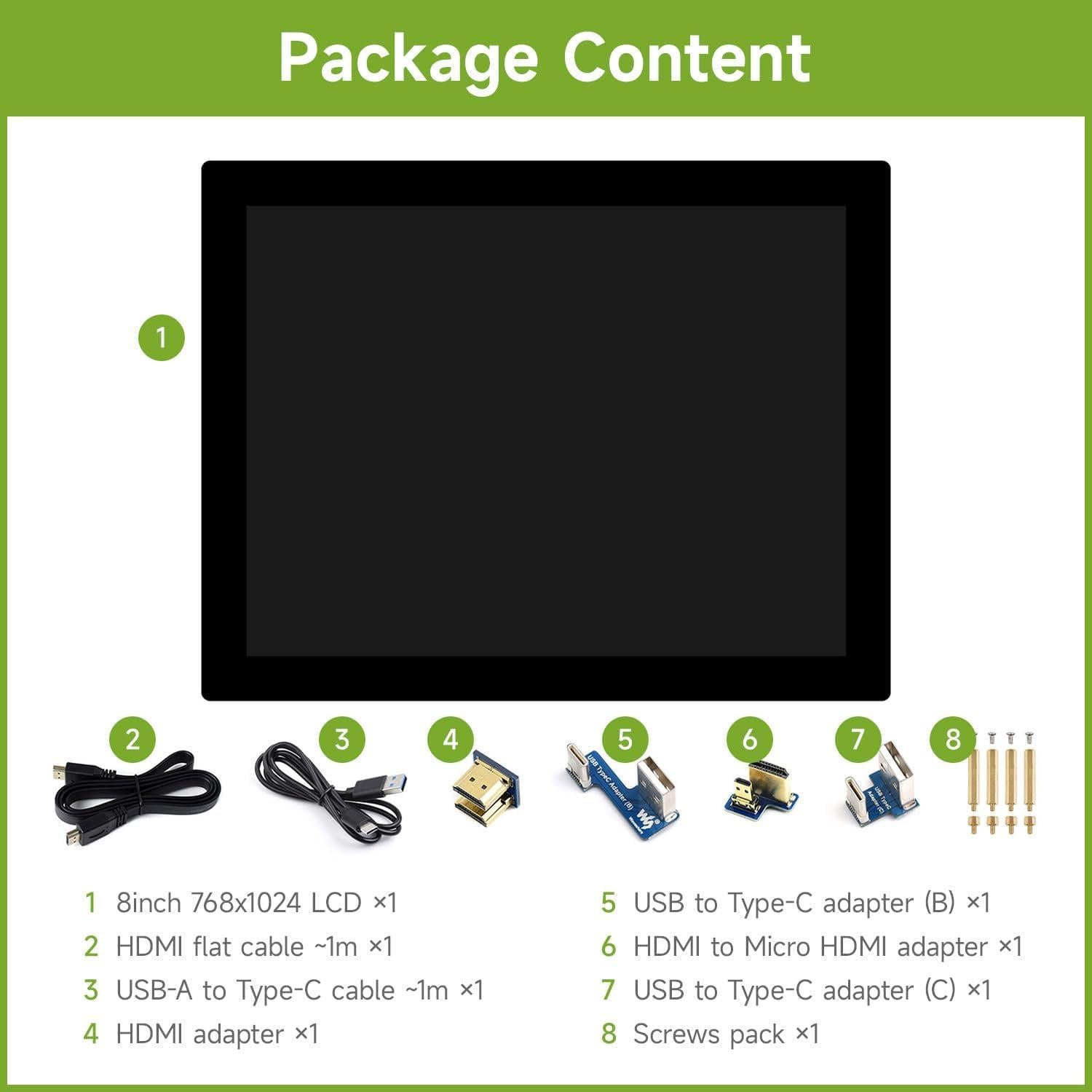Monitor HDMI 8" Waveshare 768x1024 IPS Táctil 10 Puntos