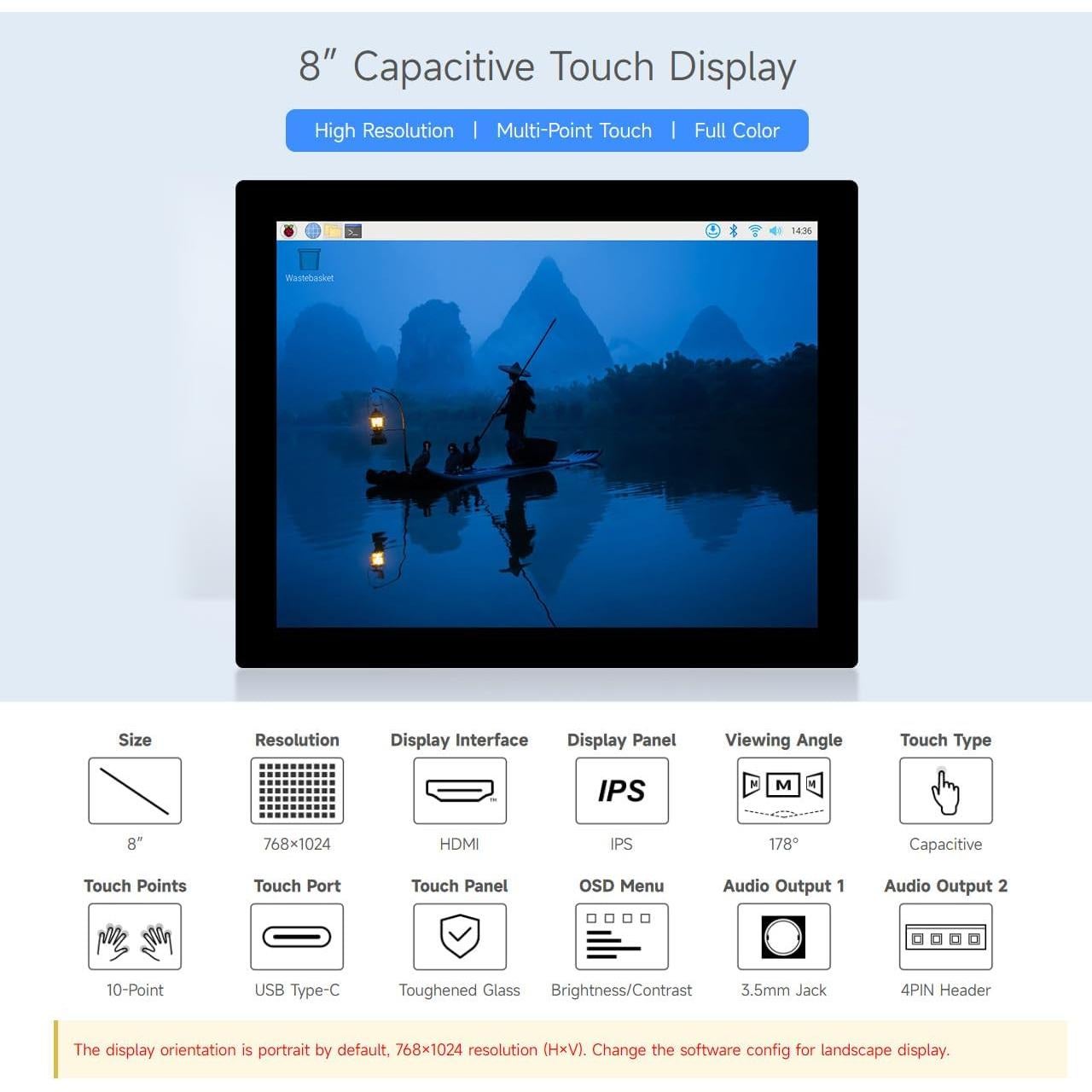 Monitor HDMI 8" Waveshare 768x1024 IPS Táctil 10 Puntos