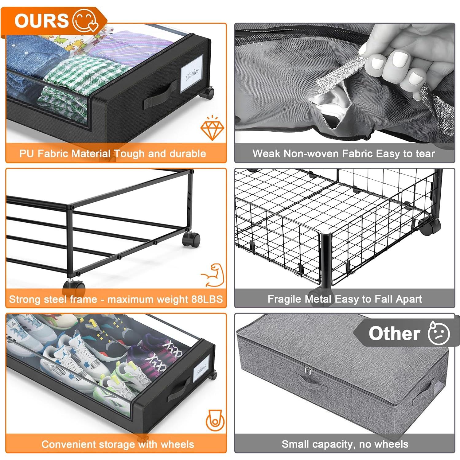 Contenedores de Almacenamiento Bajo la Cama LESHZHEN 65L Negro 2 Paquete