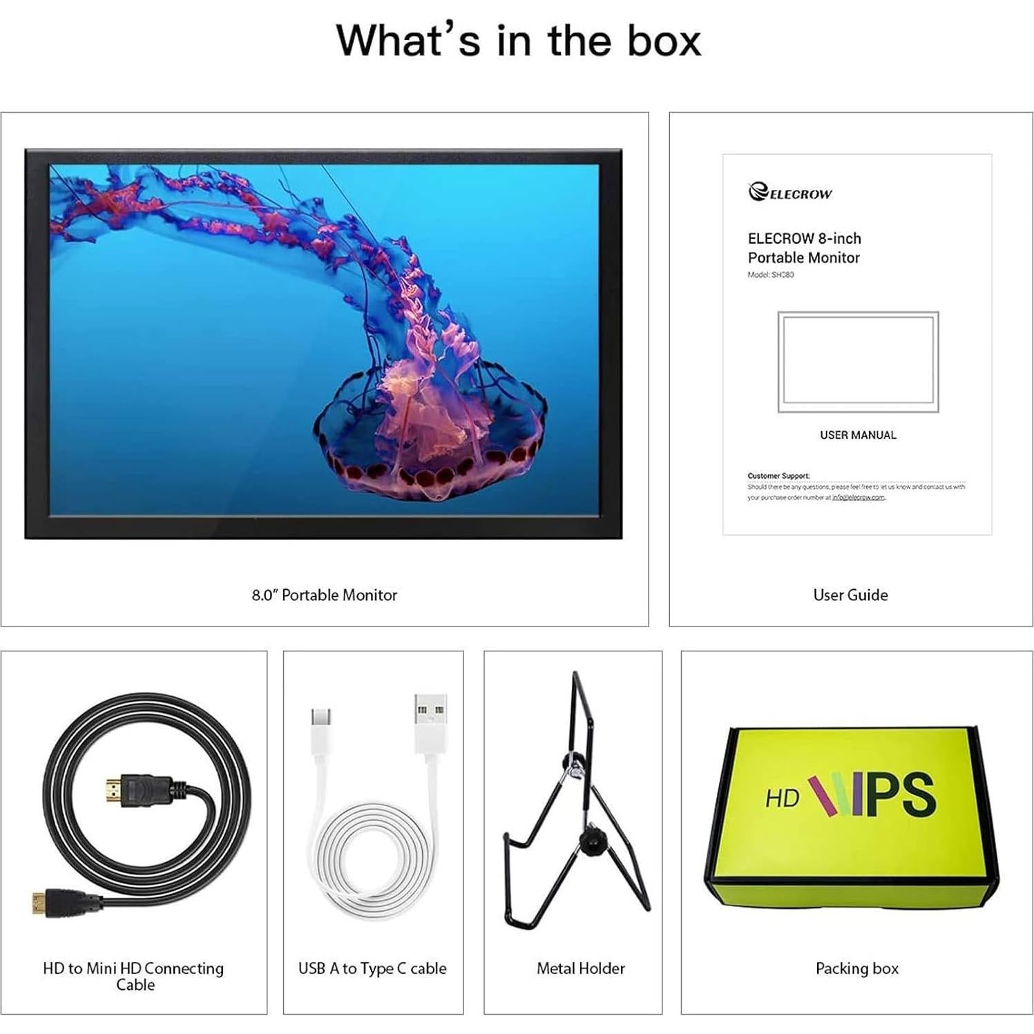 Monitor Portátil ELECROW 8" HD 1280x800 con Altavoces Integrados