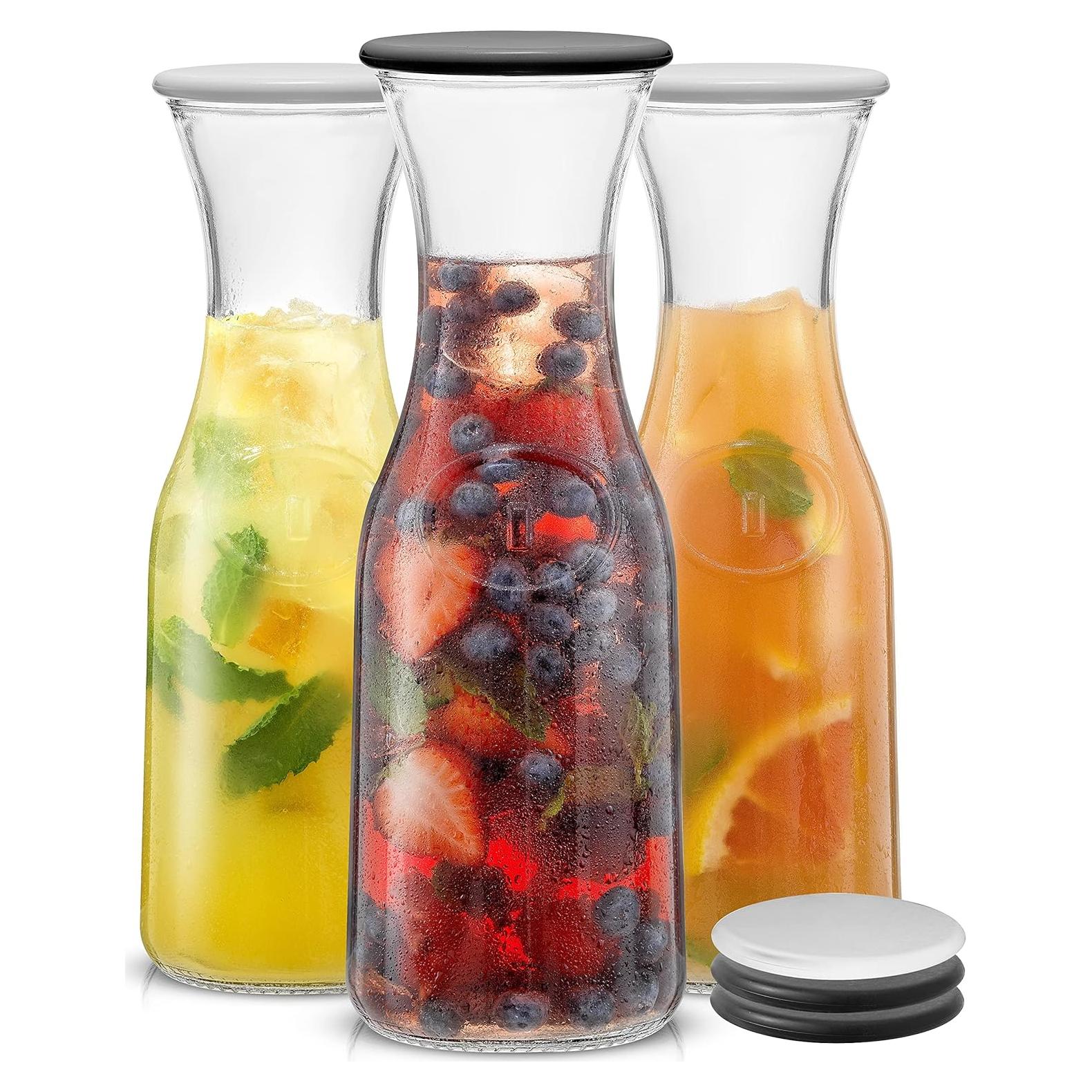 JoyJolt Glass Carafe with Lid, Set of 3 – 1 Liter Glass Pitcher for Mimosa Bar, Water, Iced Tea, Juice, Wine, Lemonade, Milk – Dishwasher Safe Beverage Drink Dispensers for Brunch, Parties