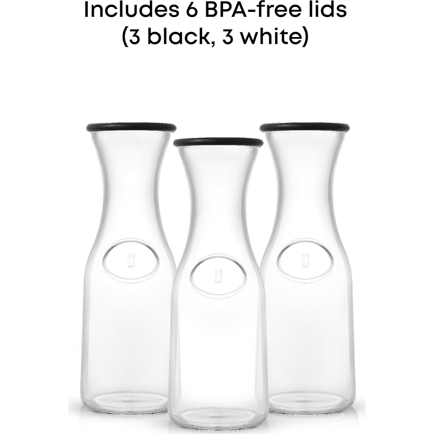 JoyJolt Glass Carafe with Lid, Set of 3 – 1 Liter Glass Pitcher for Mimosa Bar, Water, Iced Tea, Juice, Wine, Lemonade, Milk – Dishwasher Safe Beverage Drink Dispensers for Brunch, Parties