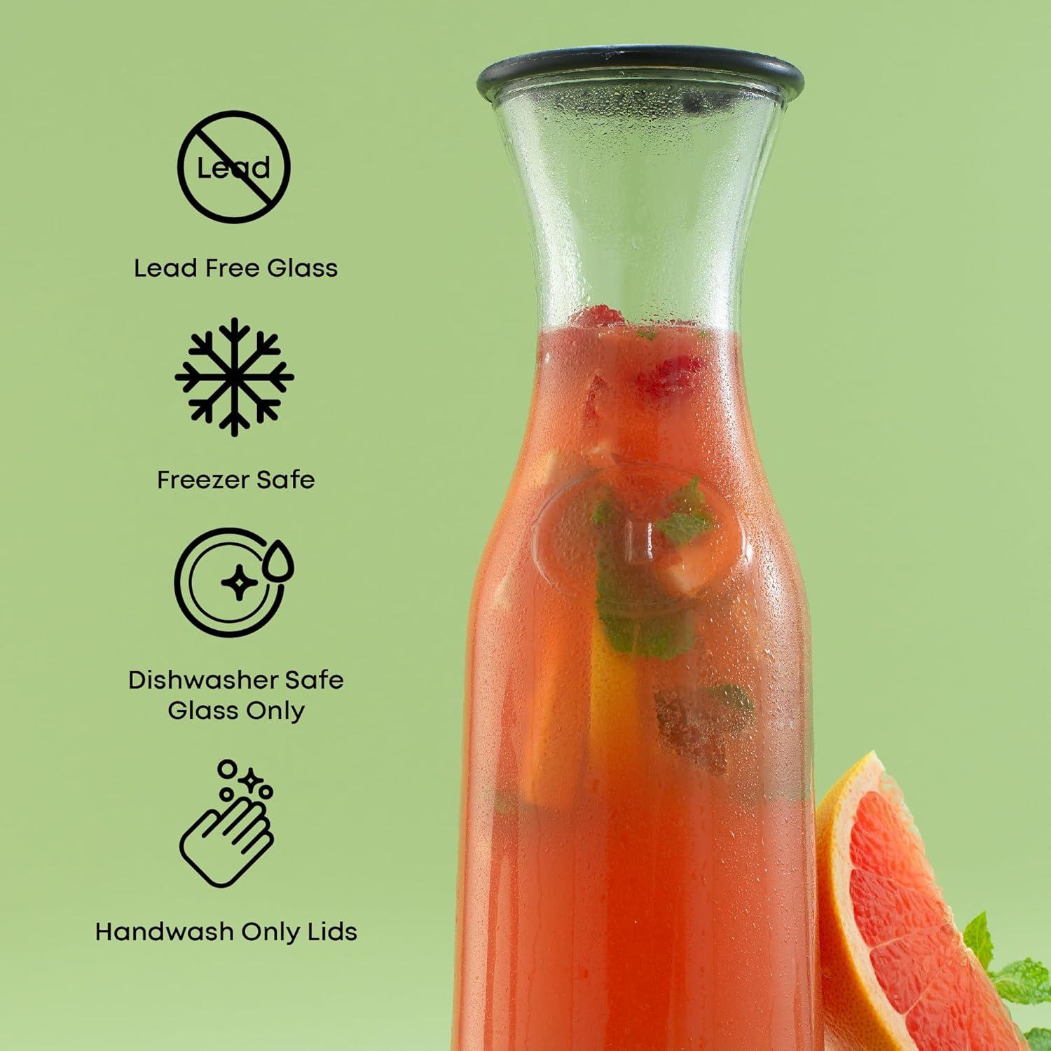 JoyJolt Glass Carafe with Lid, Set of 3 – 1 Liter Glass Pitcher for Mimosa Bar, Water, Iced Tea, Juice, Wine, Lemonade, Milk – Dishwasher Safe Beverage Drink Dispensers for Brunch, Parties