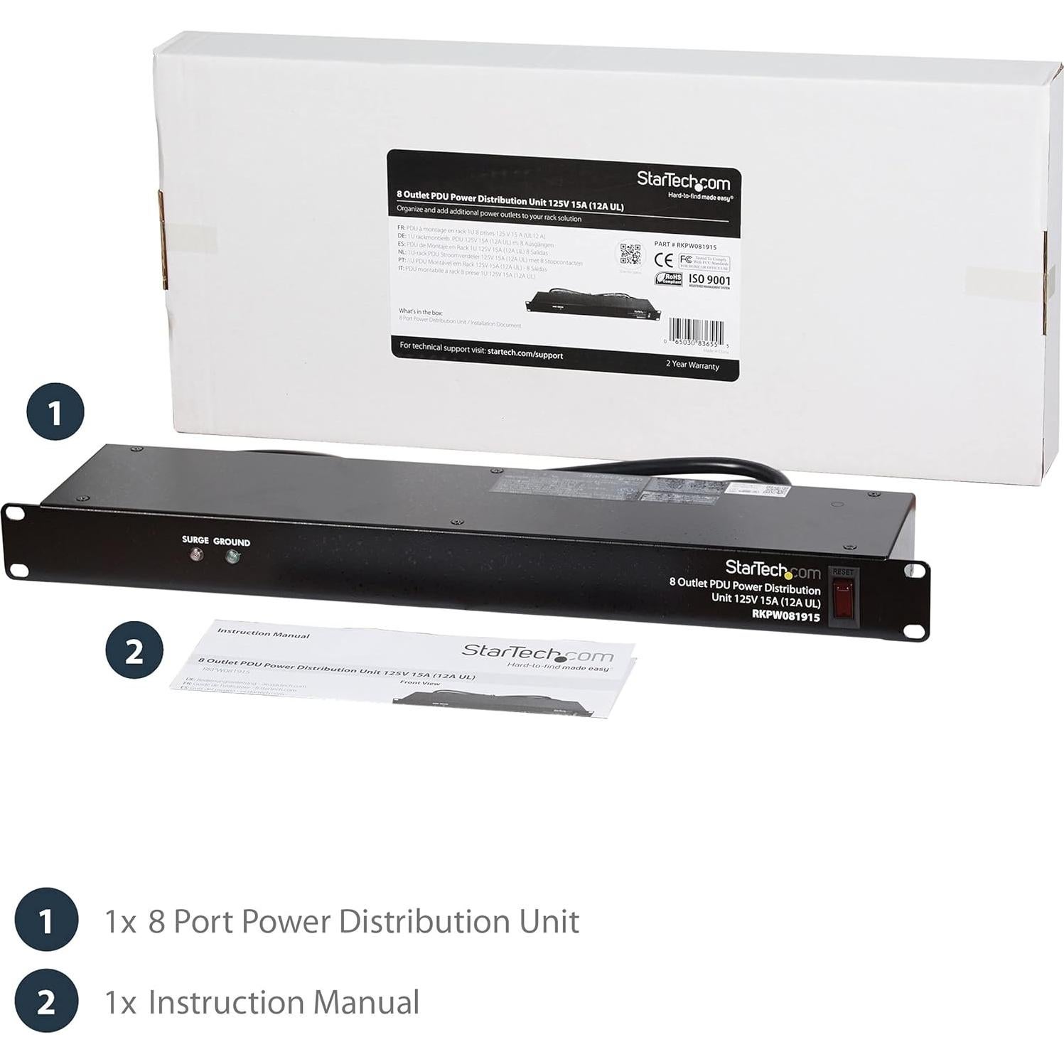 Tira de Alimentación PDU StarTech 8 Salidas 1U Rack 120V 15A