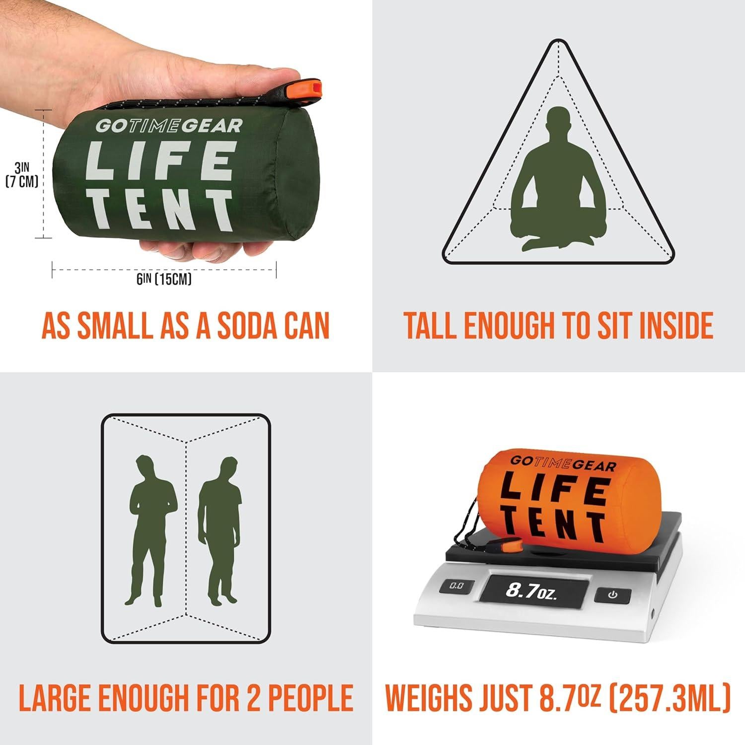 Go Time Gear Survival Life Tent • 2 Person Mylar Emergency Shelter Tube Tent + Paracord • All-Weather Protection for Camping, Hiking, & Survival Kits • Includes Emergency Whistle