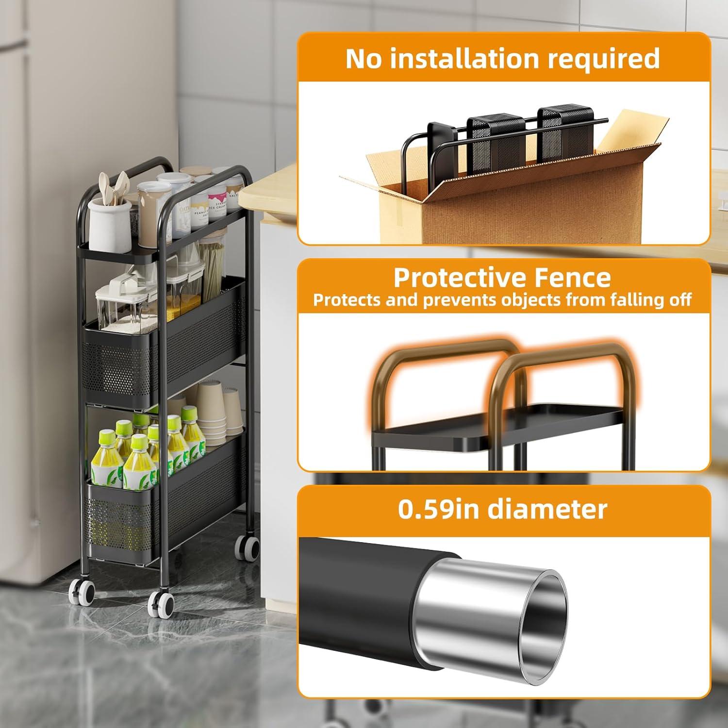 Carro de Almacenamiento Delgado CABTE 3 Niveles Negro