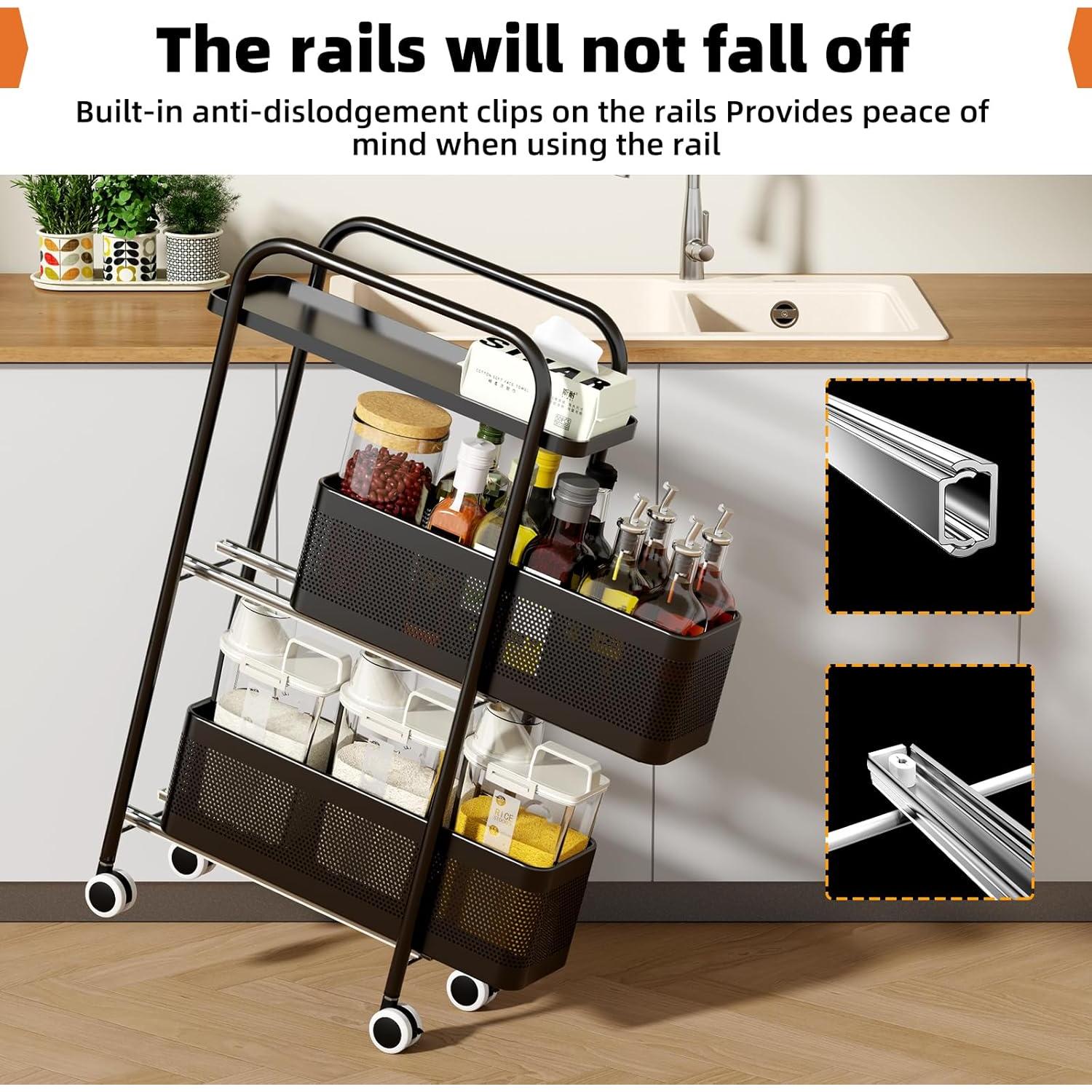 Carro de Almacenamiento Delgado CABTE 3 Niveles Negro