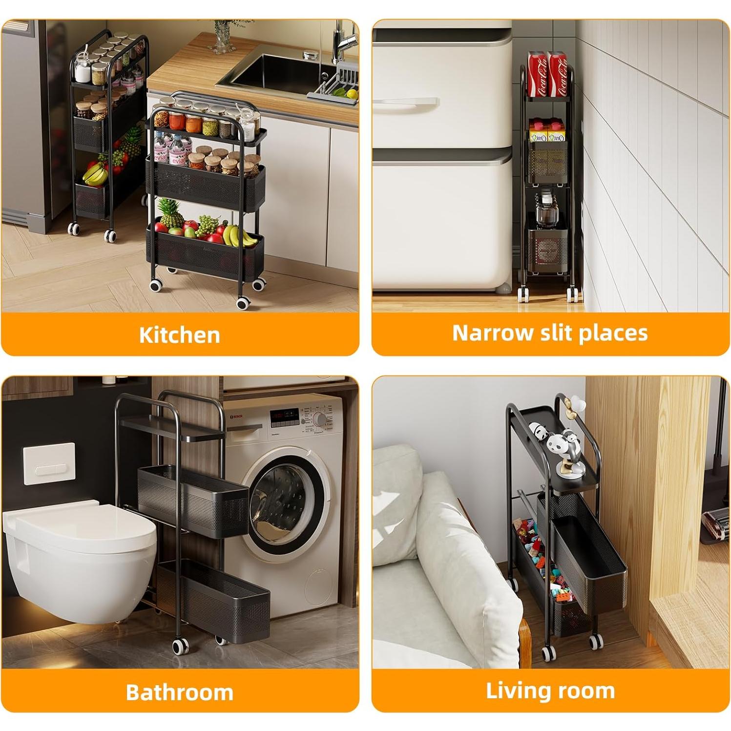 Carro de Almacenamiento Delgado CABTE 3 Niveles Negro