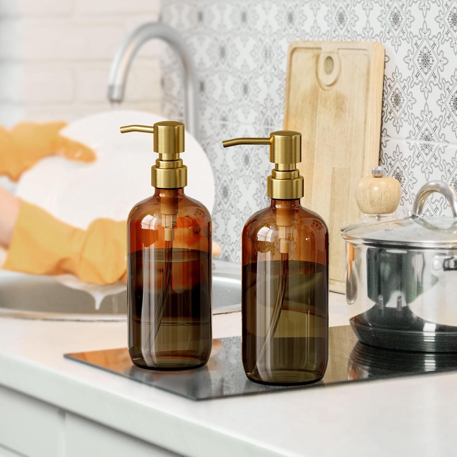 Dispensador de Jabón de Vidrio Ámbar AmazerBath 2 Piezas 0.5L