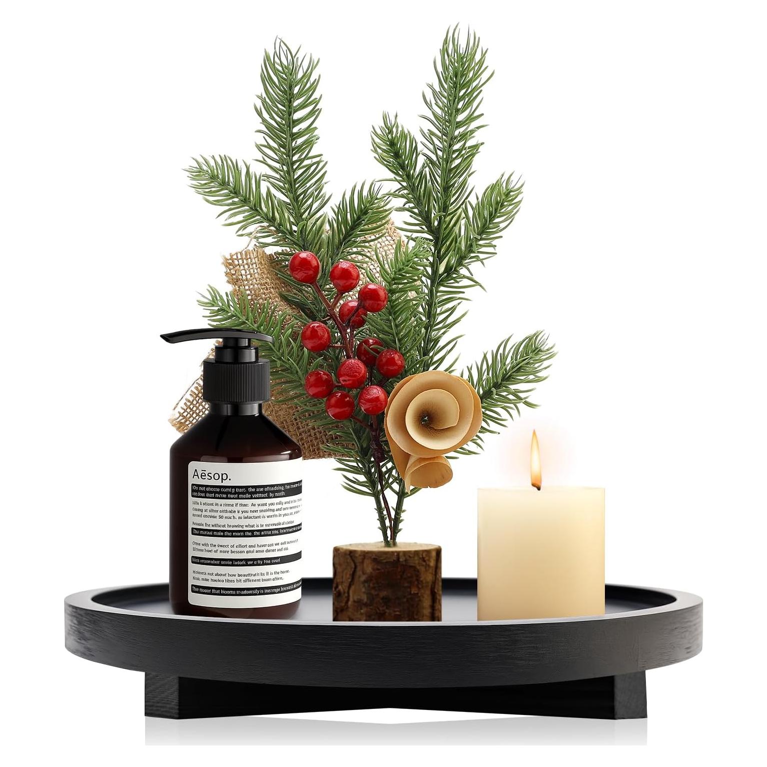 Bandeja Redonda de Madera Negra Renawe 25.4 cm Decorativa