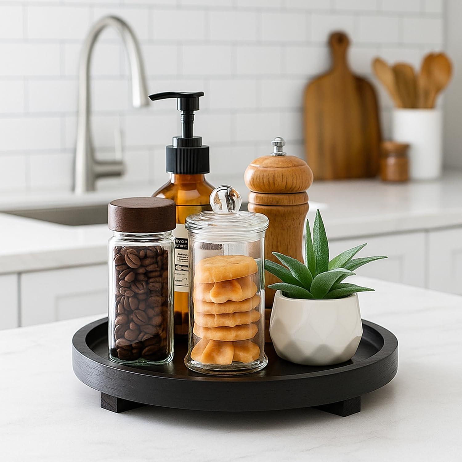 Bandeja Redonda de Madera Negra Renawe 25.4 cm Decorativa