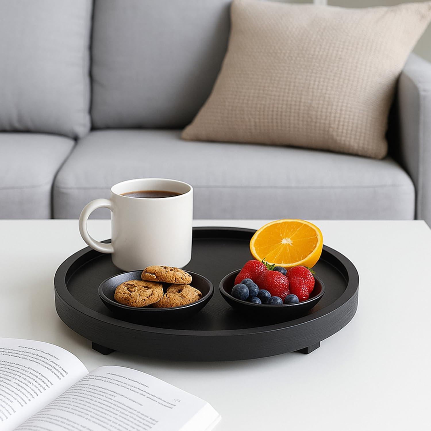 Bandeja Redonda de Madera Negra Renawe 25.4 cm Decorativa