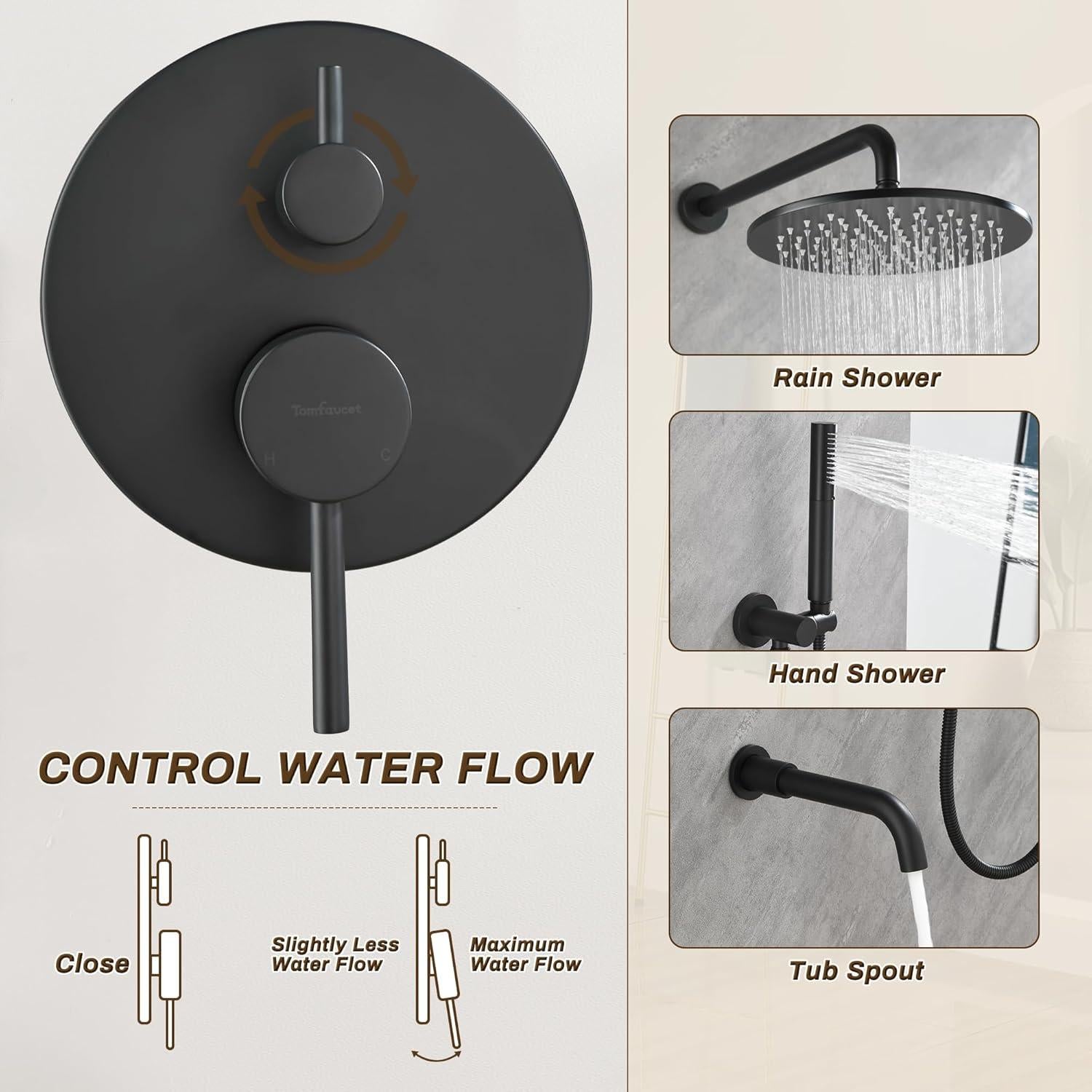 Sistema de Ducha de Lluvia Tomfaucet 10" Negro Mate 3 Funciones