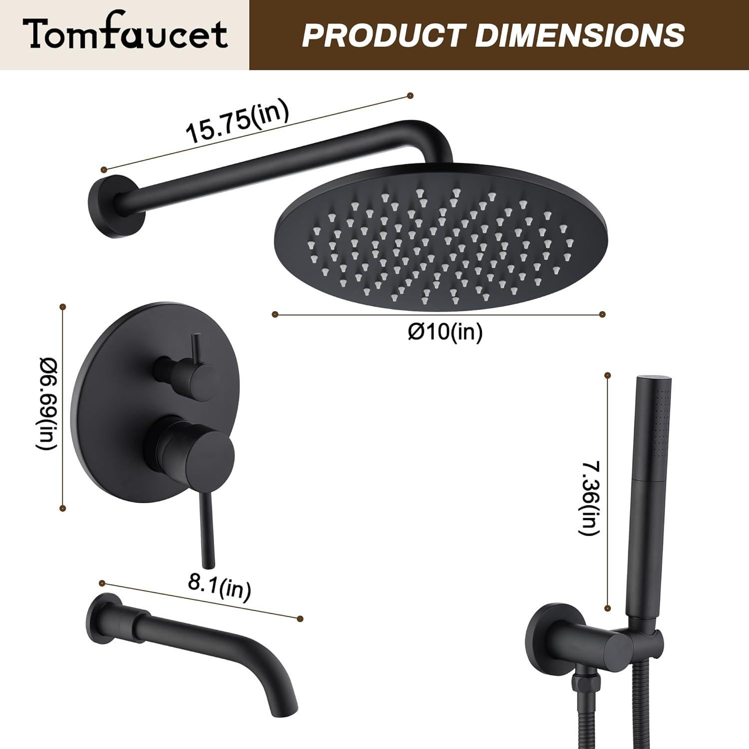 Sistema de Ducha de Lluvia Tomfaucet 10" Negro Mate 3 Funciones
