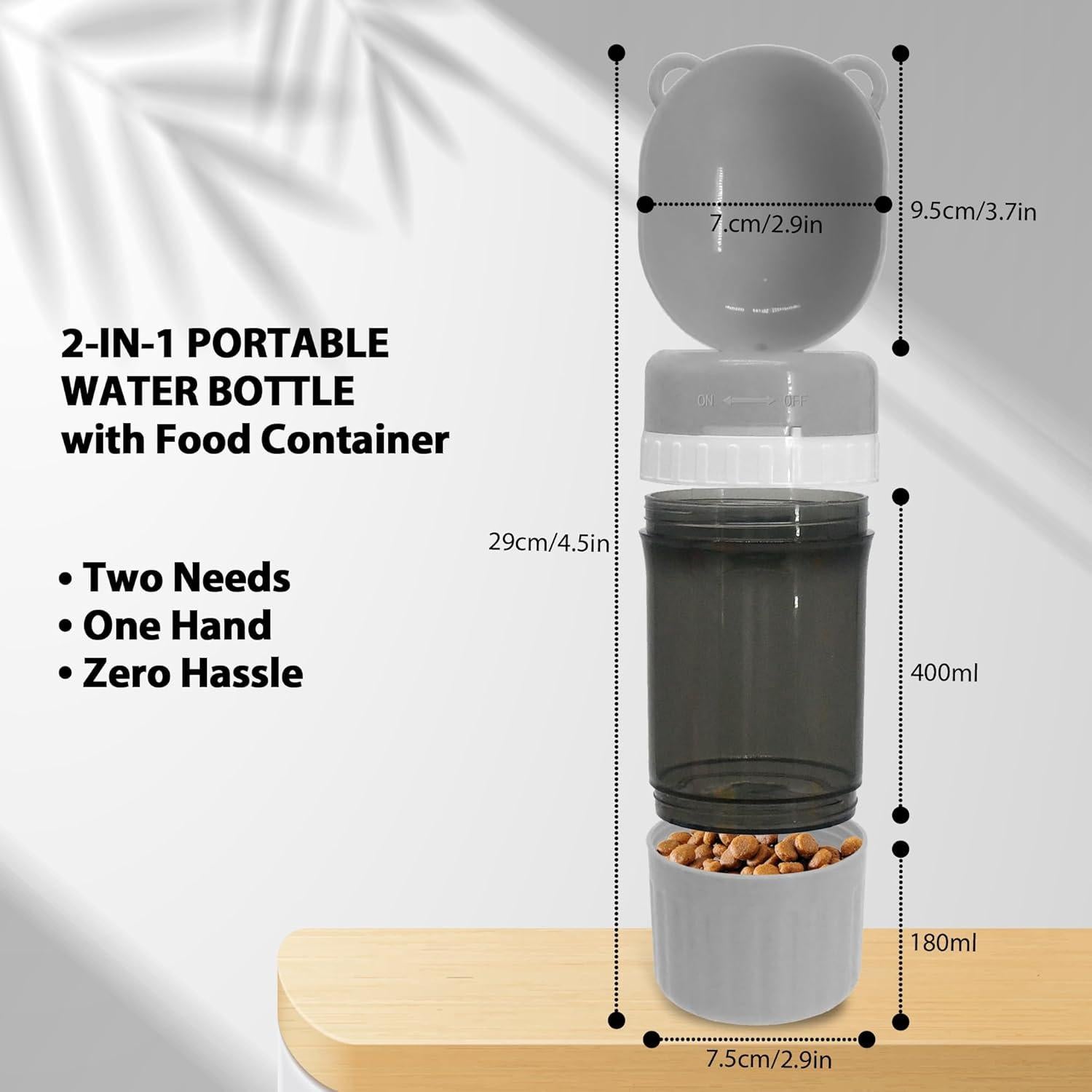 Botella 2 en 1 PawSailor Gris: Agua 400 ml + Comida 170 ml
