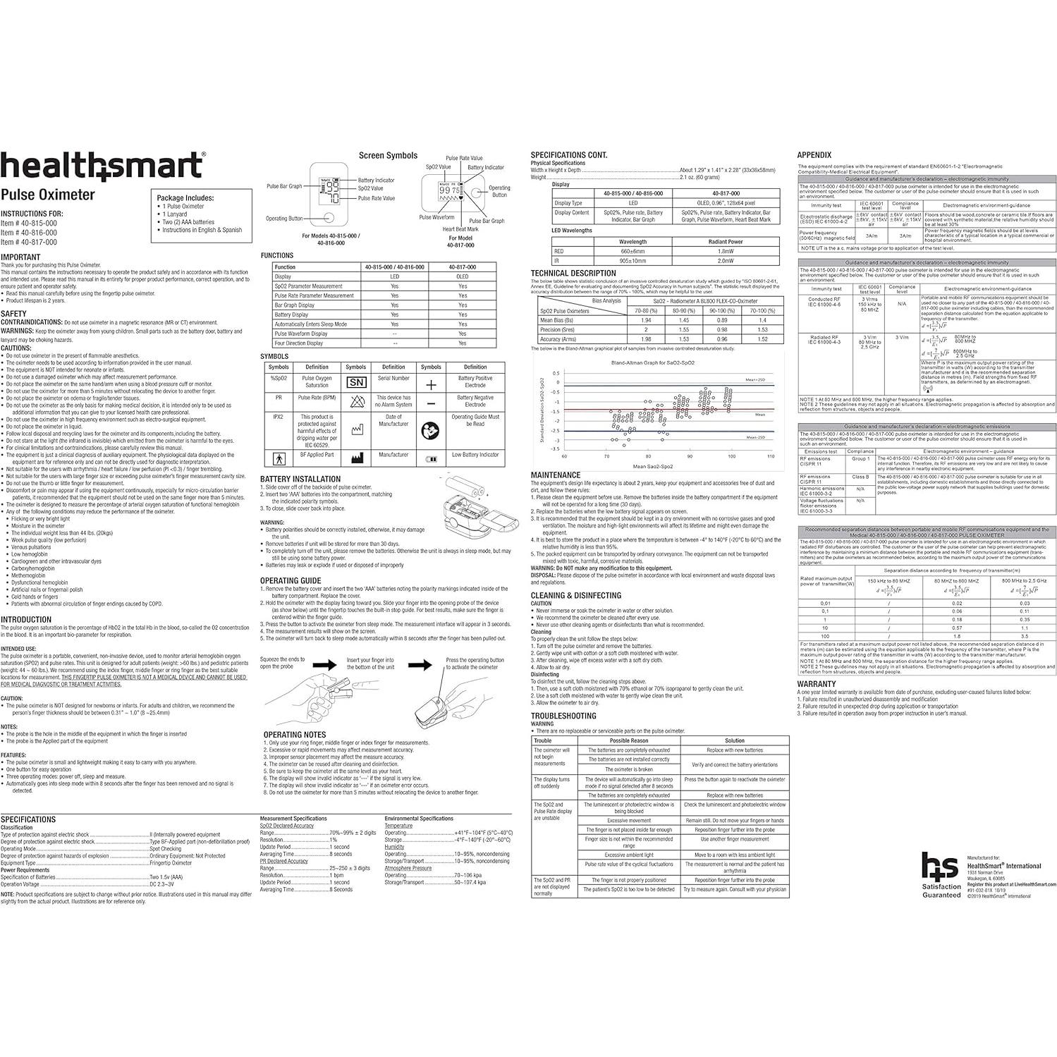 Oxímetro de Pulso HealthSmart para Dedo con Pantalla OLED