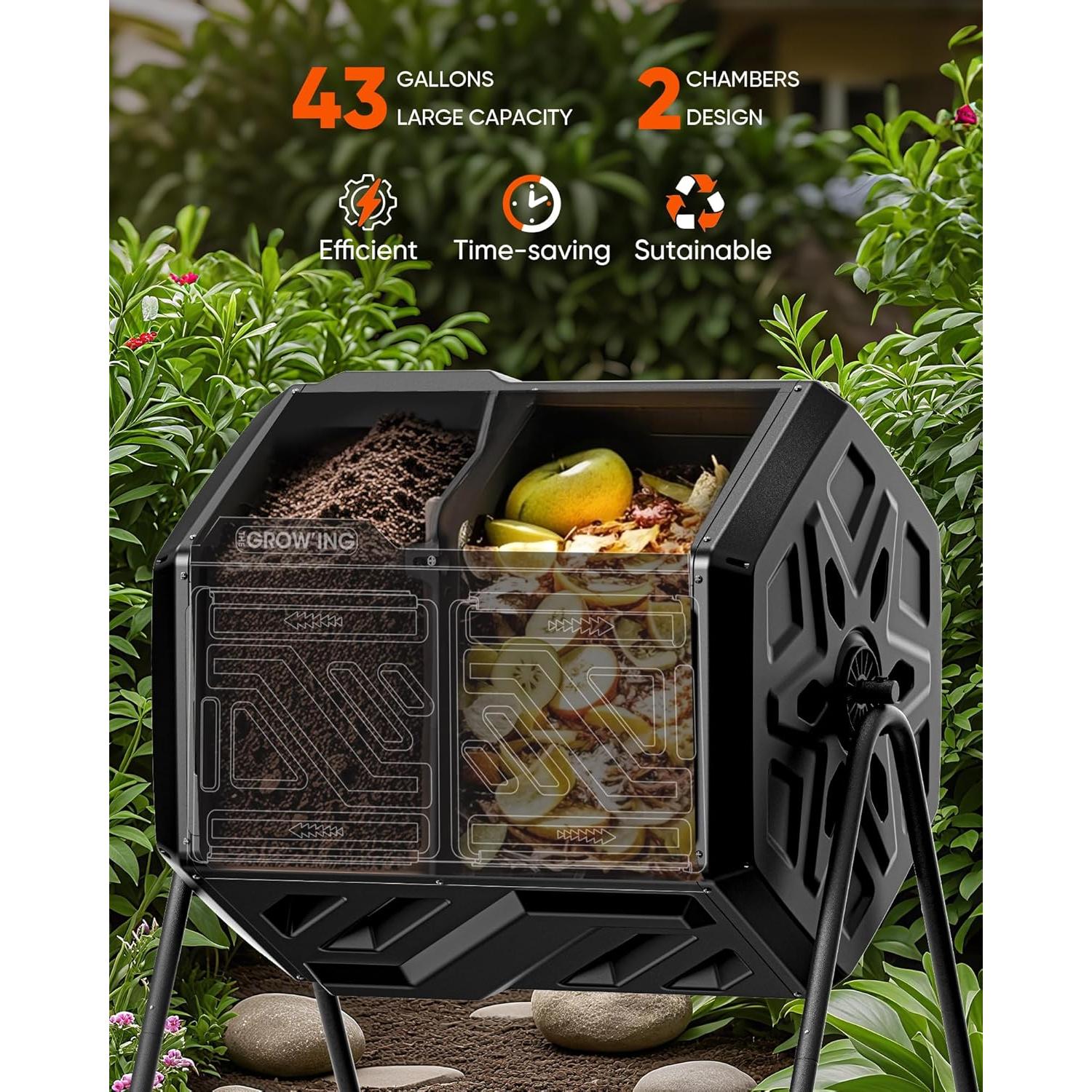 Contenedor de Compostaje Giratorio THE GROW'ING 162.76L Negro