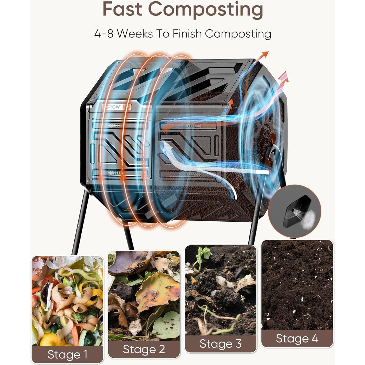 Contenedor de Compostaje Giratorio THE GROW'ING 162.76L Negro