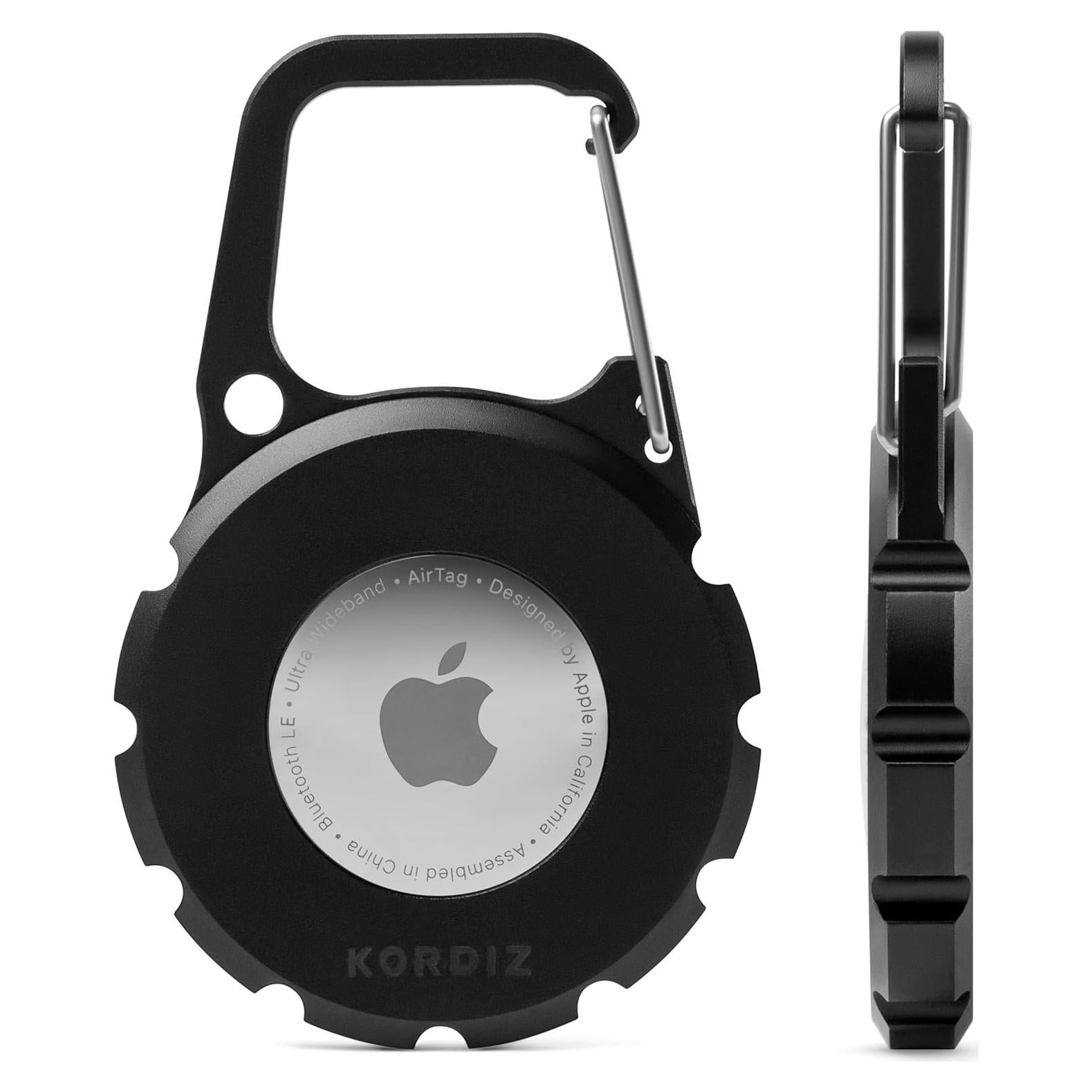 Soporte Mosquetón KORDIZ para AirTag - Aluminio y Cuero Negro