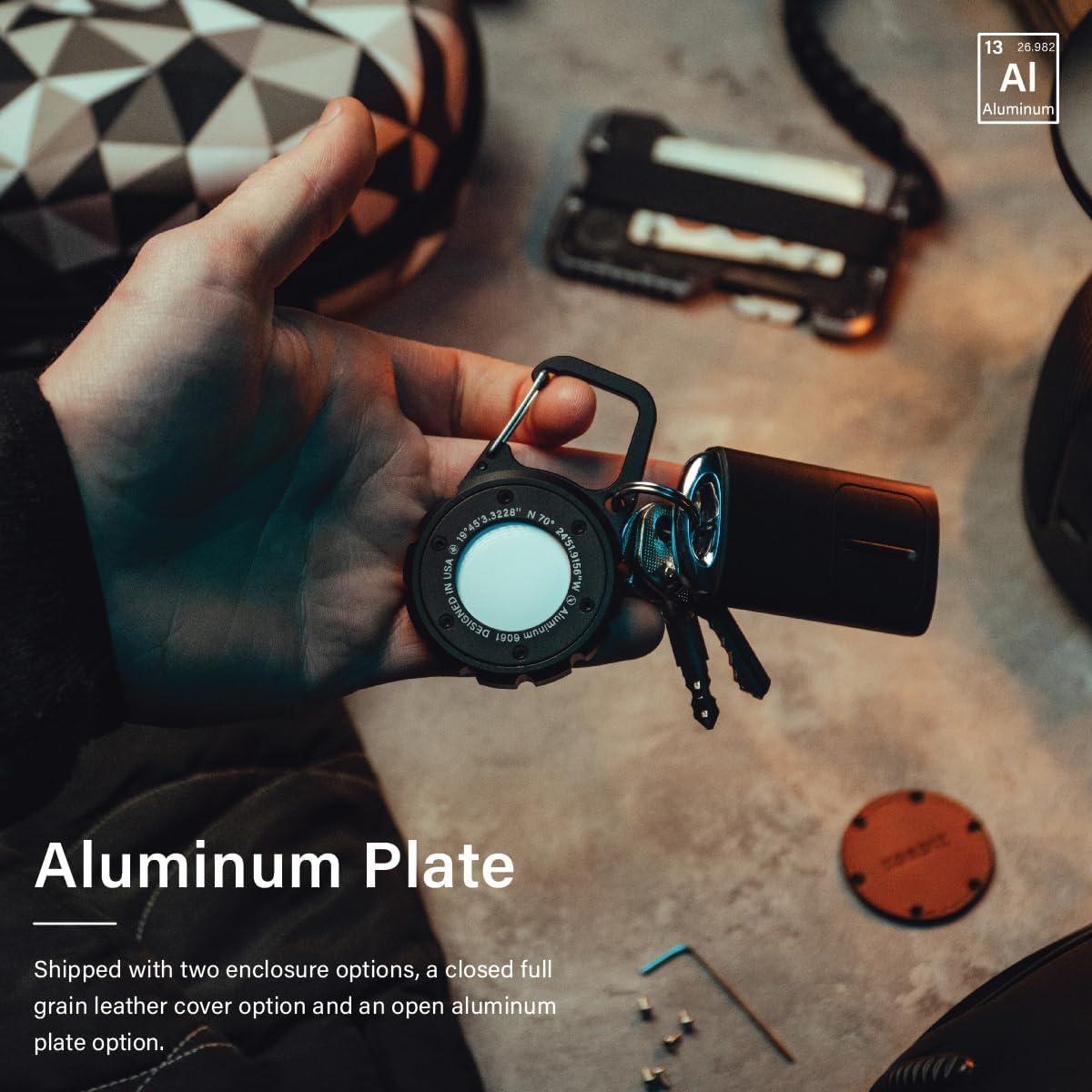 Soporte Mosquetón KORDIZ para AirTag - Aluminio y Cuero Negro