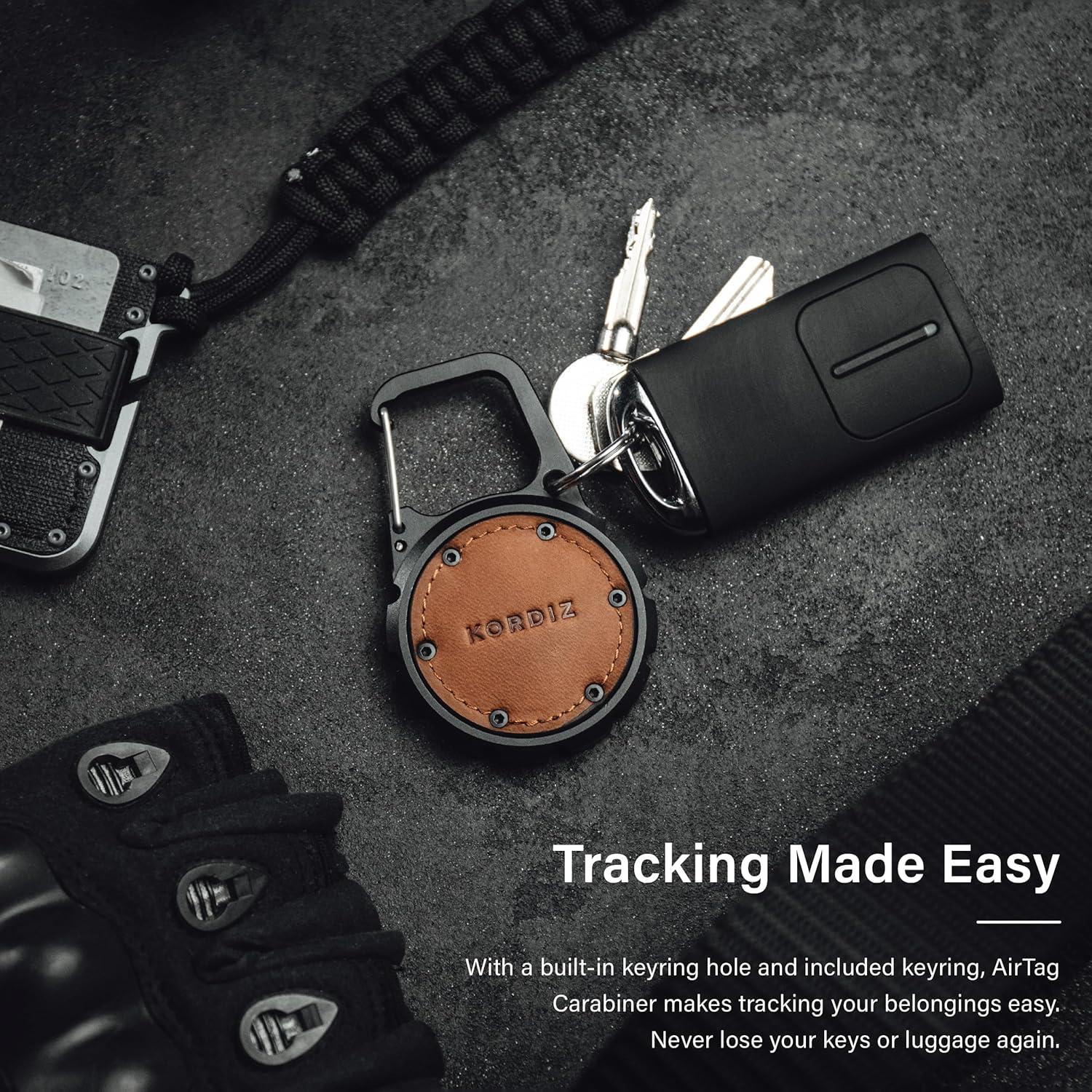 Soporte Mosquetón KORDIZ para AirTag - Aluminio y Cuero Negro