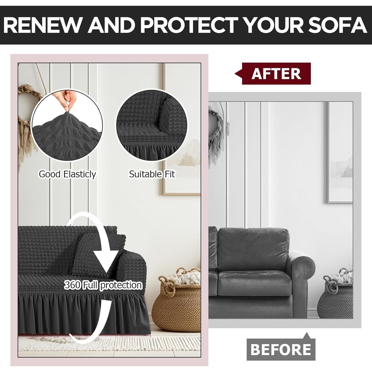 Set Funda de Sofá Grande SmoothNovelty Gris Oscuro 1+2 Almohadas