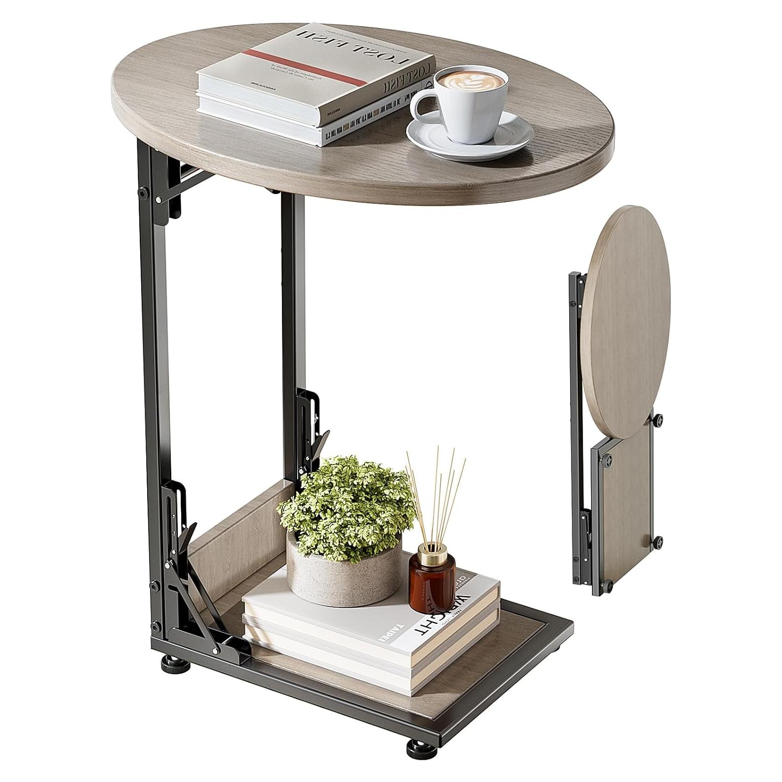 Mesa Lateral Plegable Elbourn Gris, Mesa de Sofá Curvada 2 Niveles