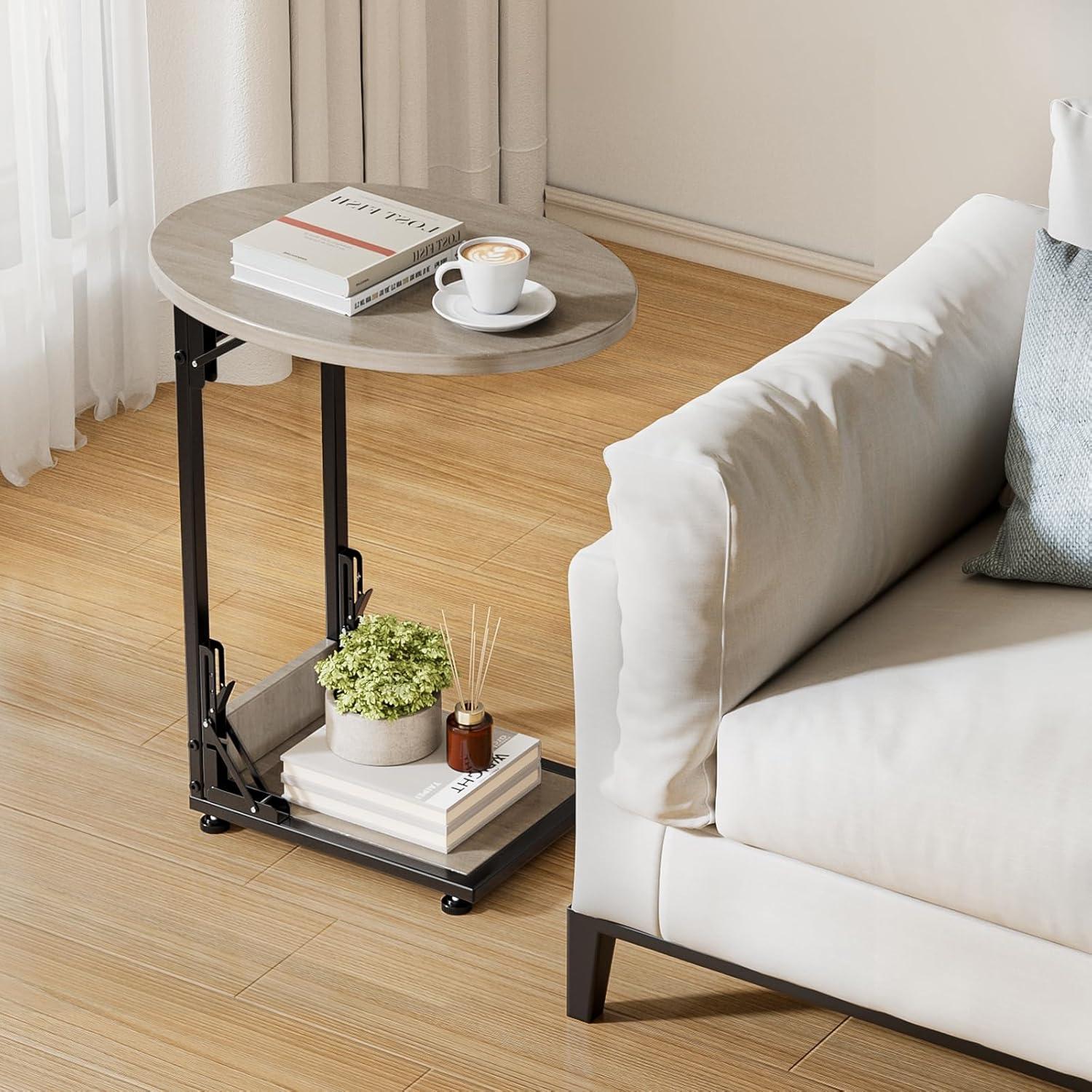 Mesa Lateral Plegable Elbourn Gris, Mesa de Sofá Curvada 2 Niveles