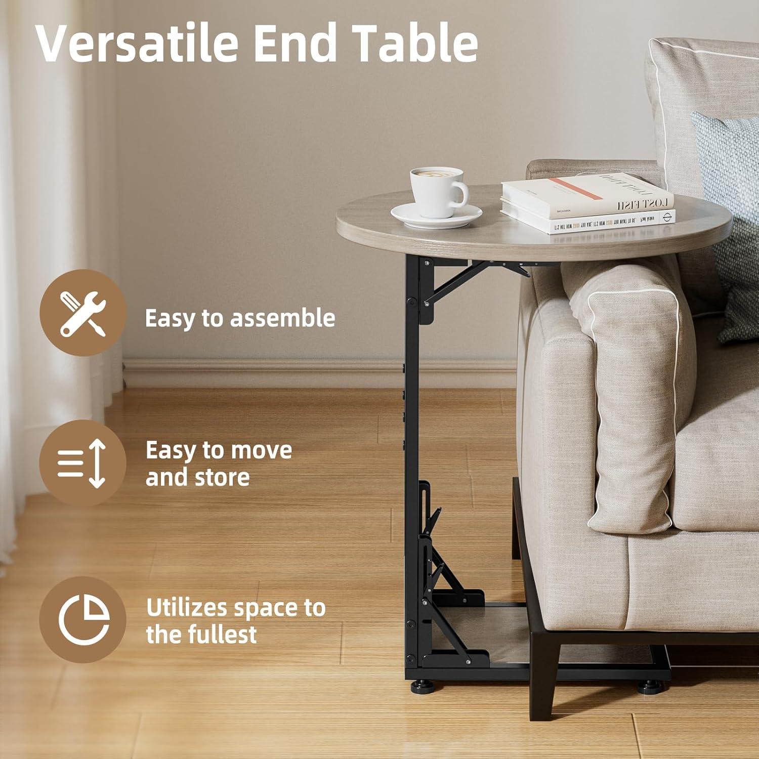 Mesa Lateral Plegable Elbourn Gris, Mesa de Sofá Curvada 2 Niveles