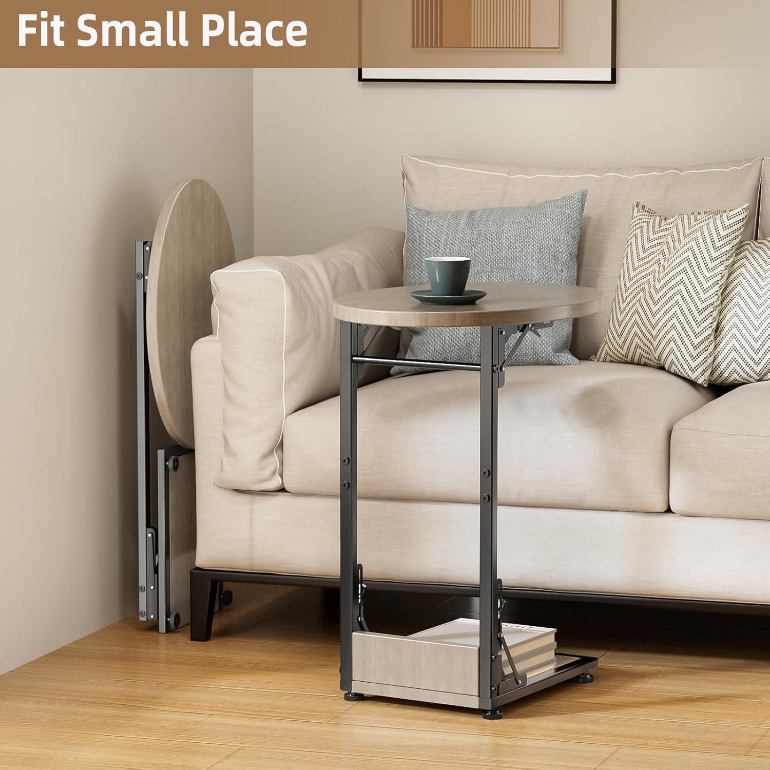 Mesa Lateral Plegable Elbourn Gris, Mesa de Sofá Curvada 2 Niveles