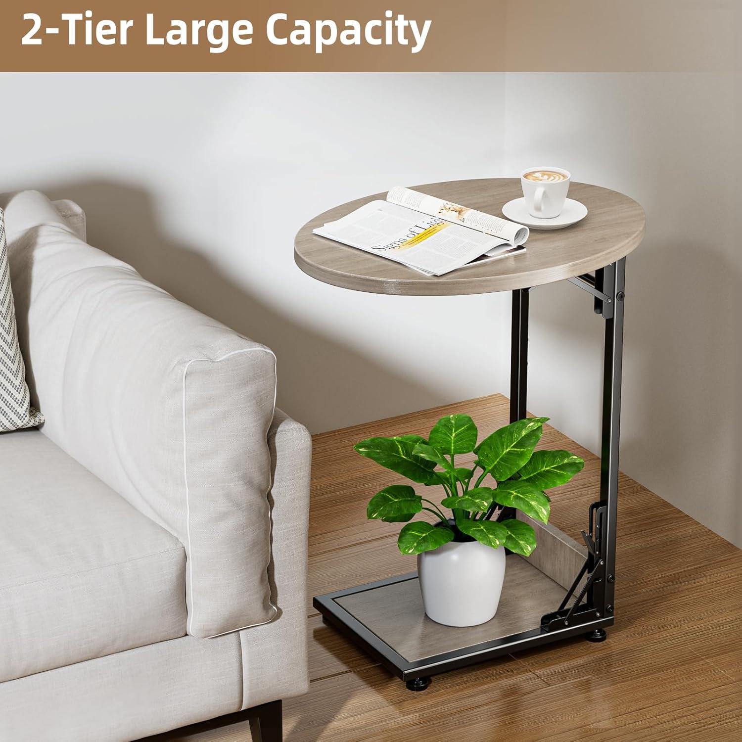 Mesa Lateral Plegable Elbourn Gris, Mesa de Sofá Curvada 2 Niveles