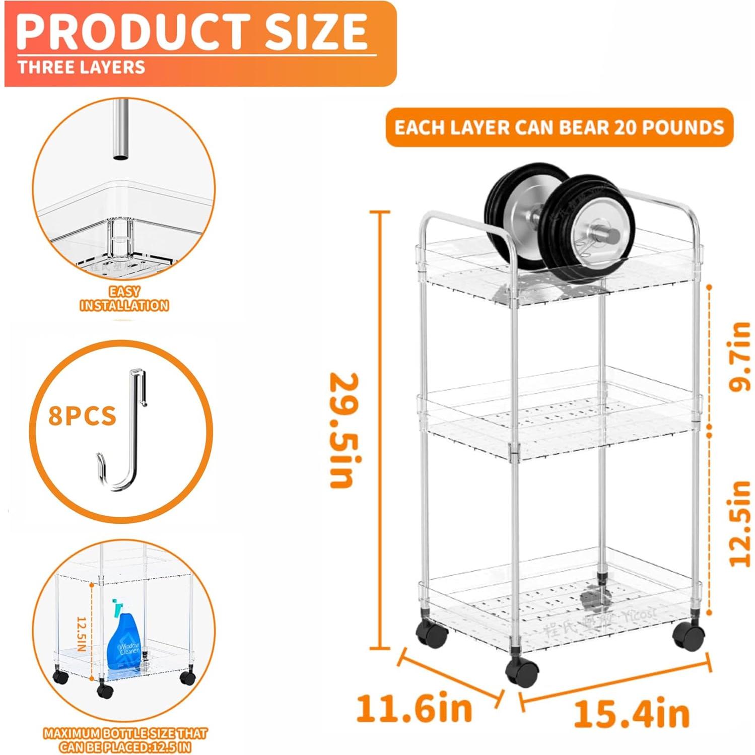 Carro de Almacenamiento Rodante Yieach 3 Niveles Acrílico