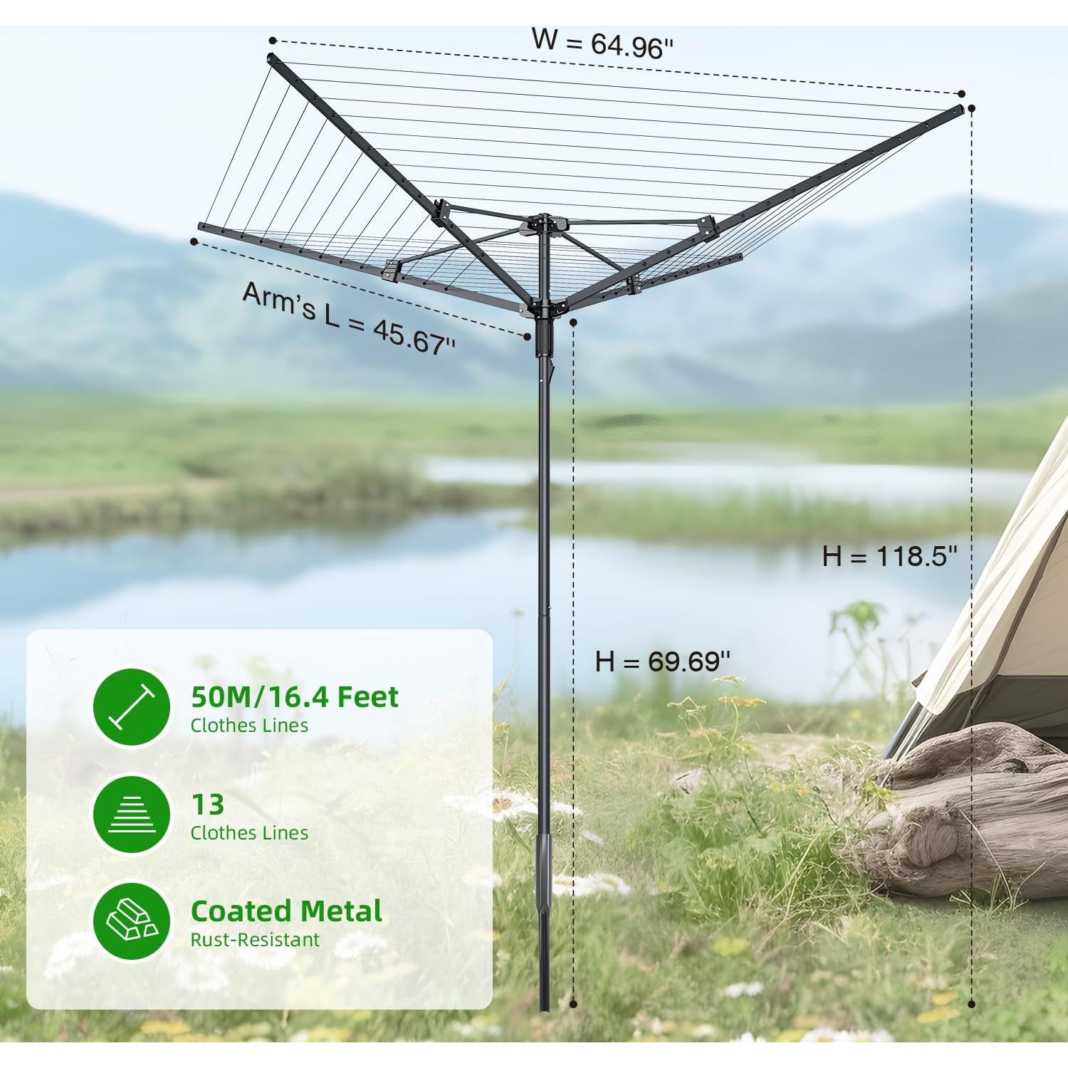 Tendedero de Ropa Exterior SZJoyBet 4 Brazos 12 Cuerdas 50m